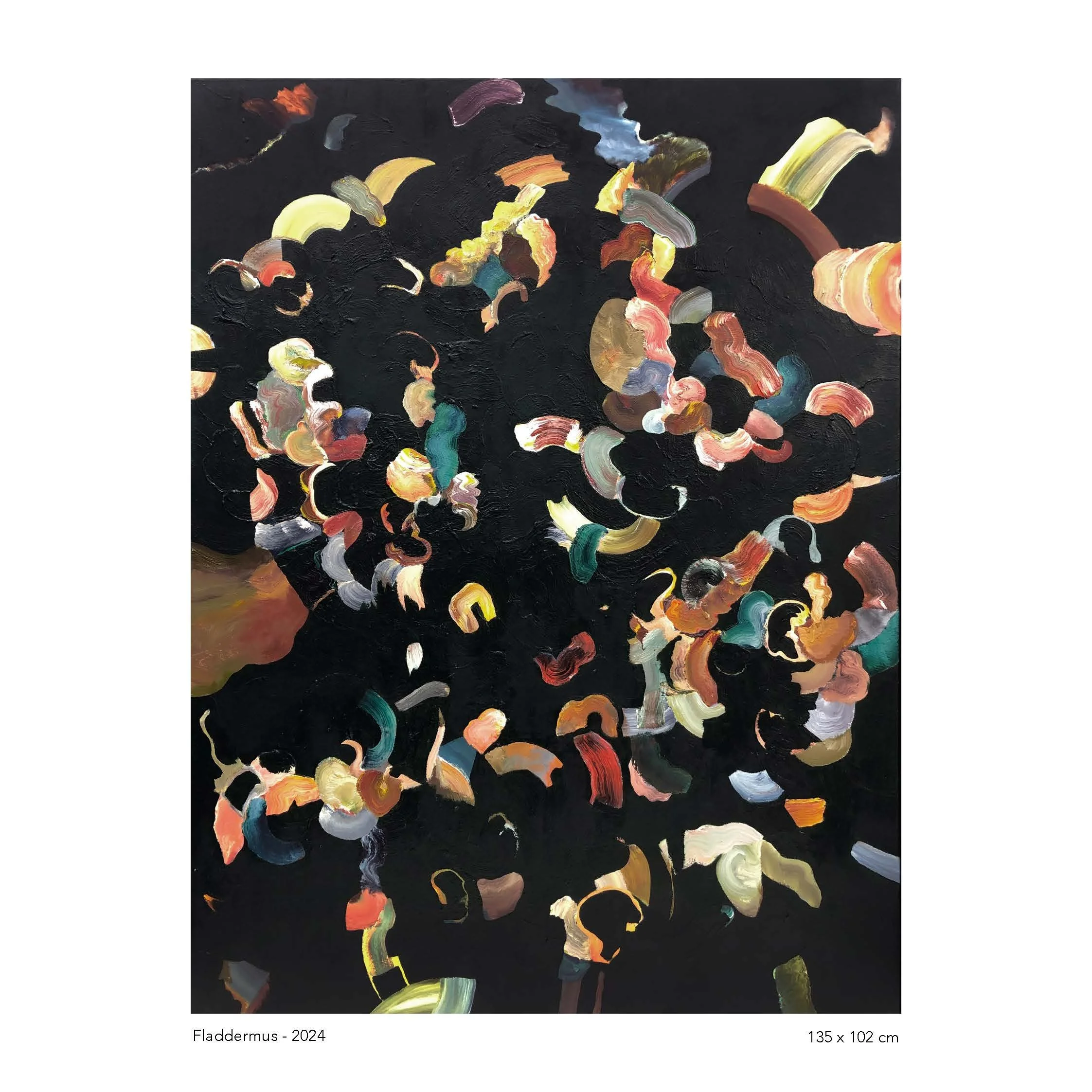 An abstract painting with multi-colored brush strokes on a black background, titled Fladdermus - 2024, 135 x 102 cm.
