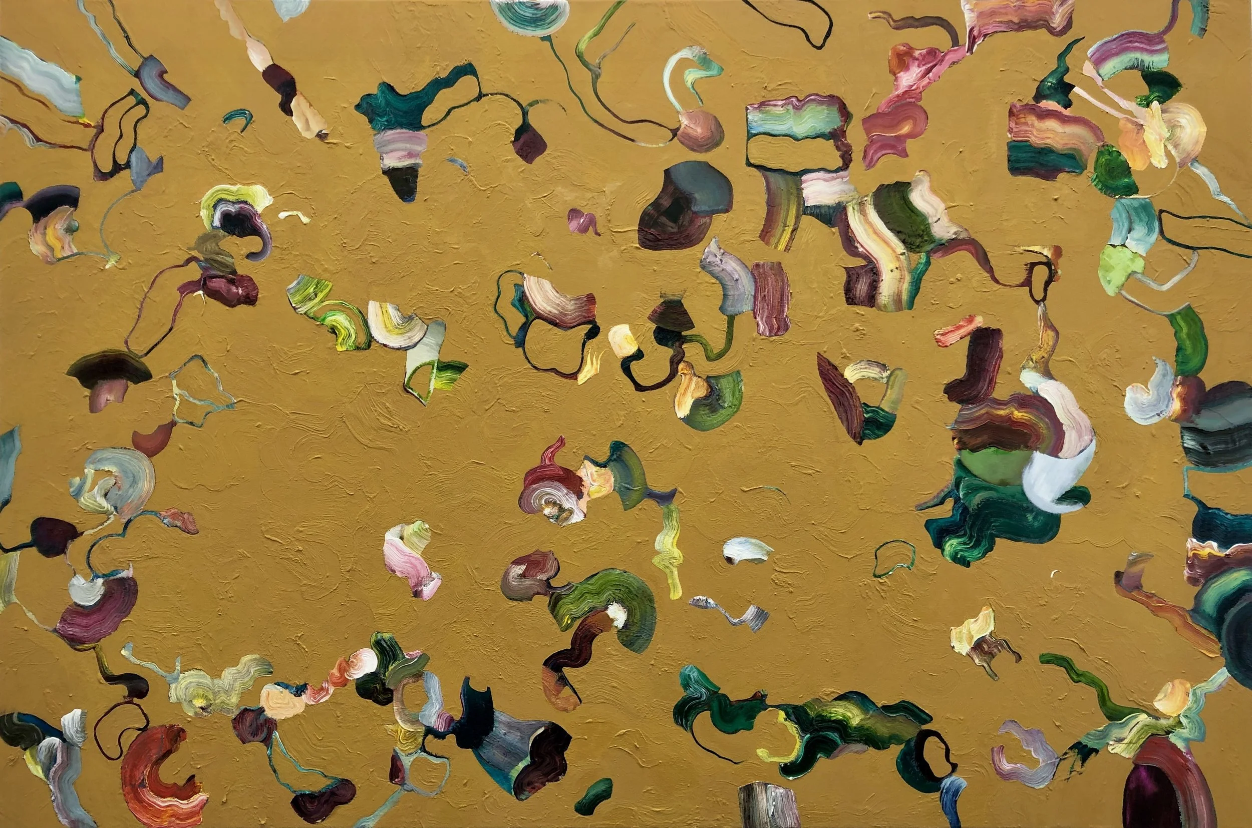 Abstract painting with colorful, swirling brushstrokes on a textured yellow background.