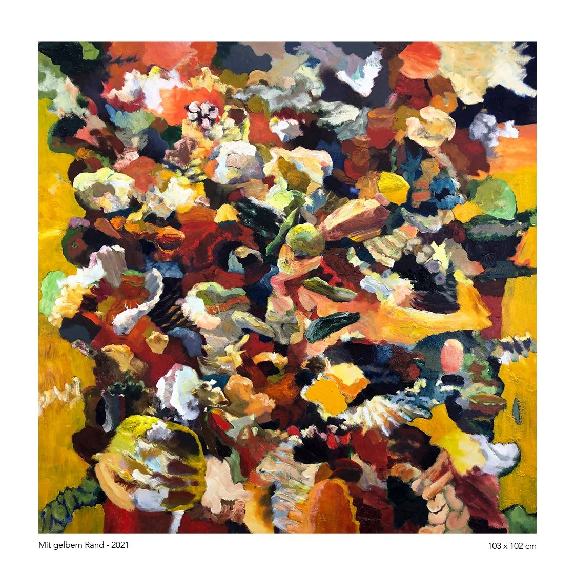Abstract oil painting with vibrant colors including yellow, red, pink, green, white, black, and blue, featuring a textured, chaotic composition with layered brushstrokes.