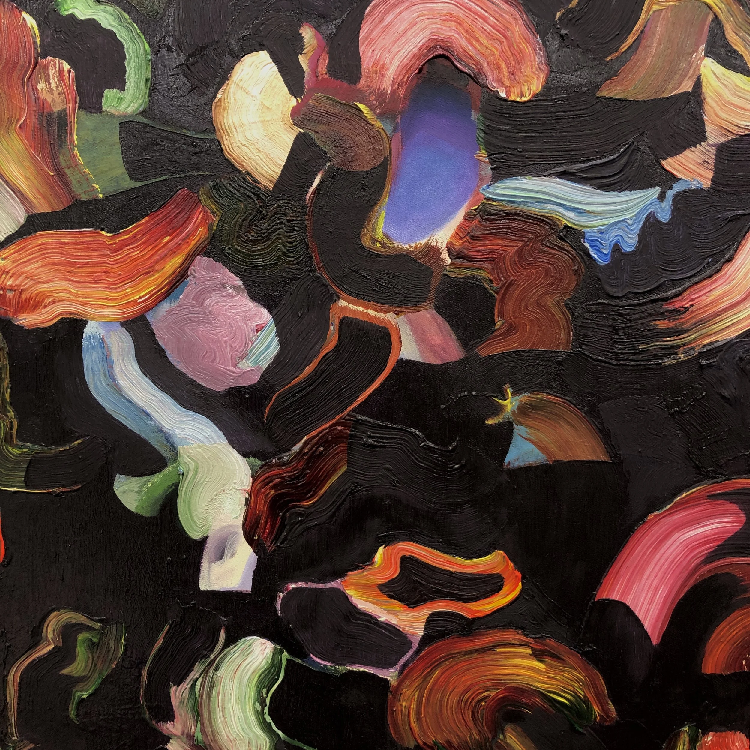 Abstract colorful painting with swirling strokes of black, red, green, purple, blue, pink, orange and yellow.
