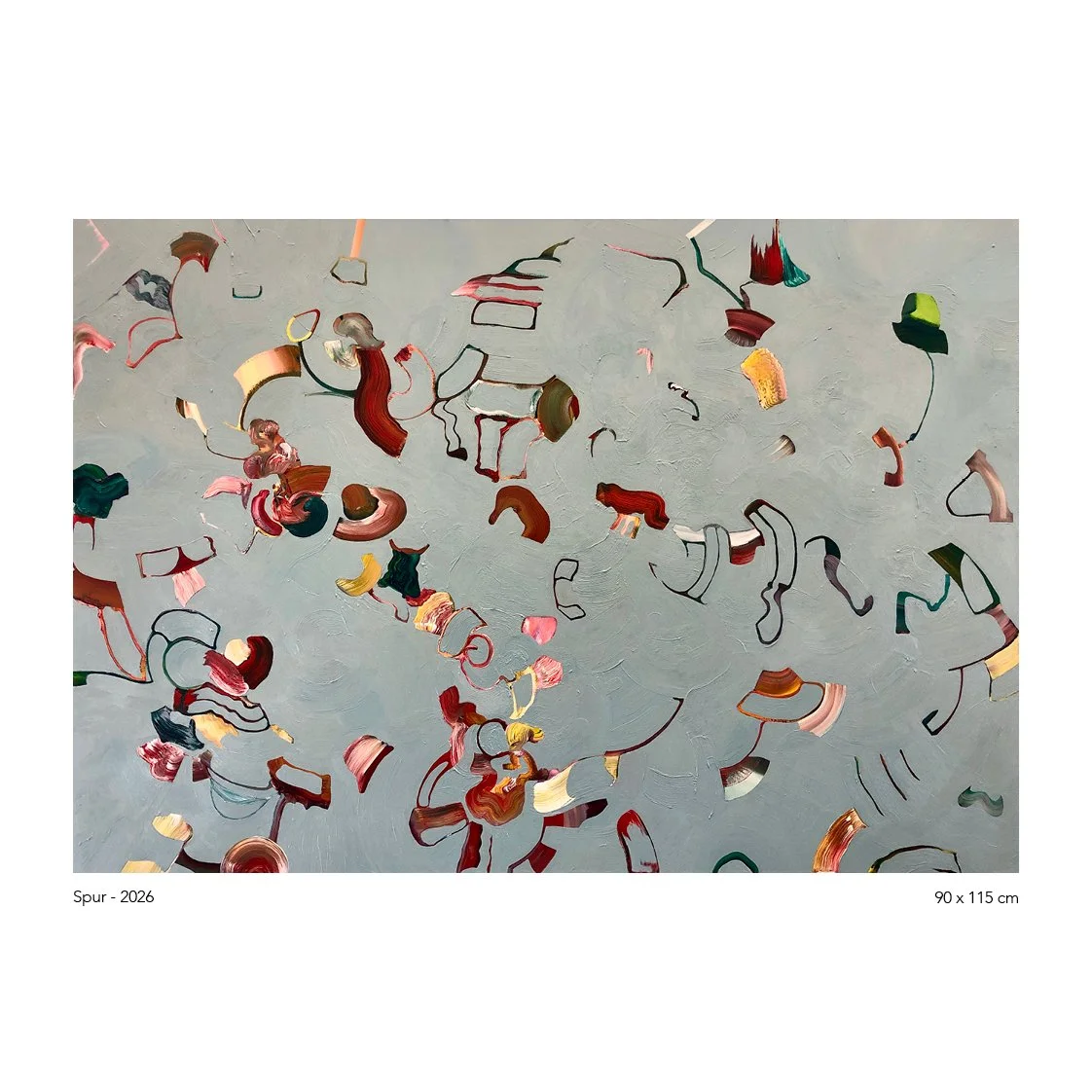 Abstract painting with curved, colorful brushstrokes on a gray background.