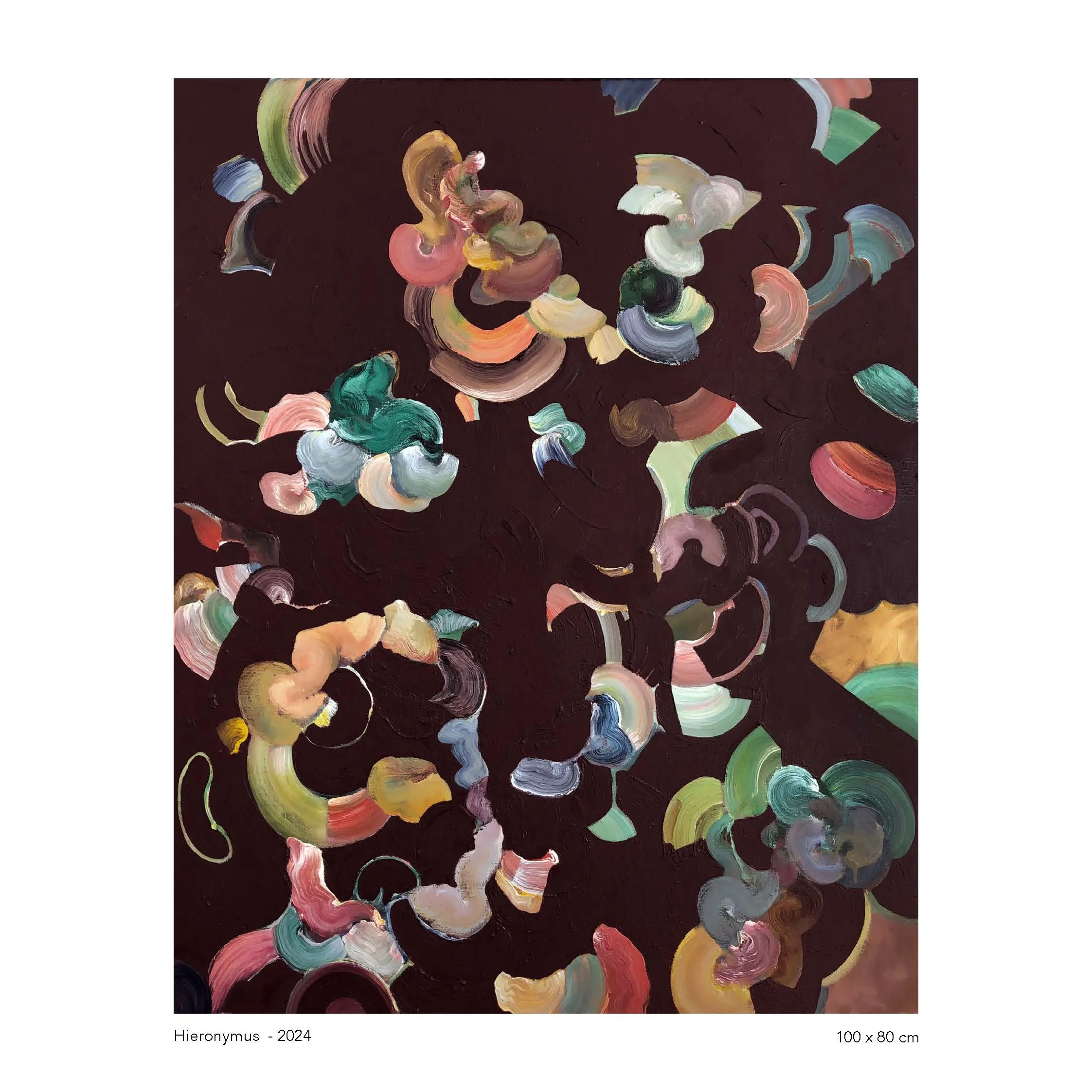Abstract painting with swirling, colorful brushstrokes on a dark background, titled 'Hieronymus - 2024', dimensions 100x80 cm.