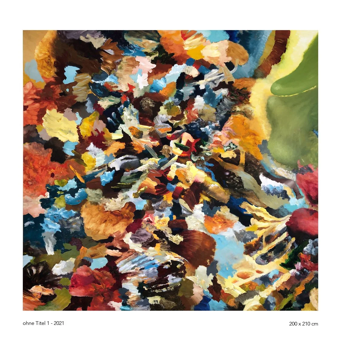 An abstract painting with a mix of vibrant colors including reds, blues, yellows, blacks, and browns, creating a chaotic, textured composition.