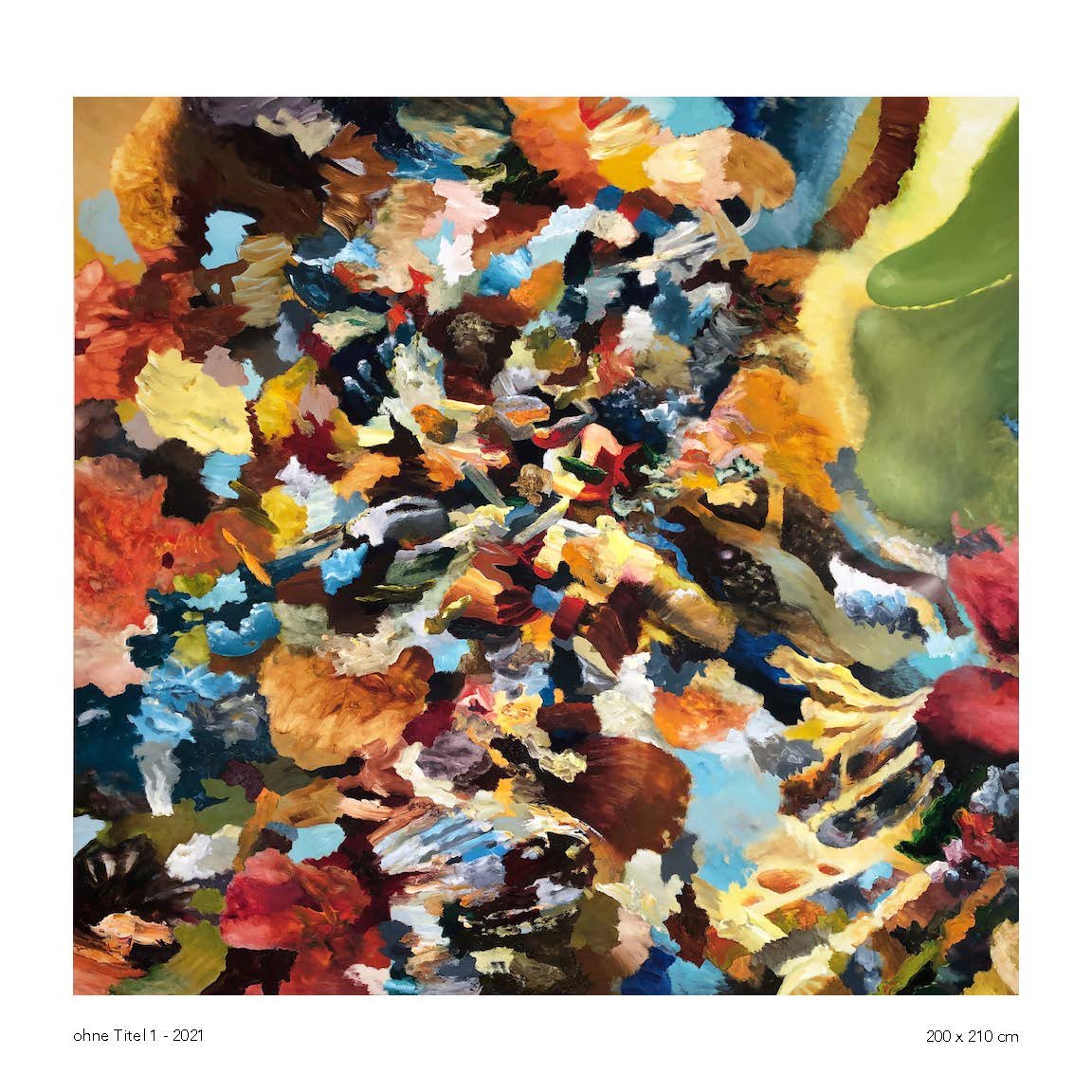 Abstract colorful painting with splashes of blue, red, yellow, green, black, white, and brown.