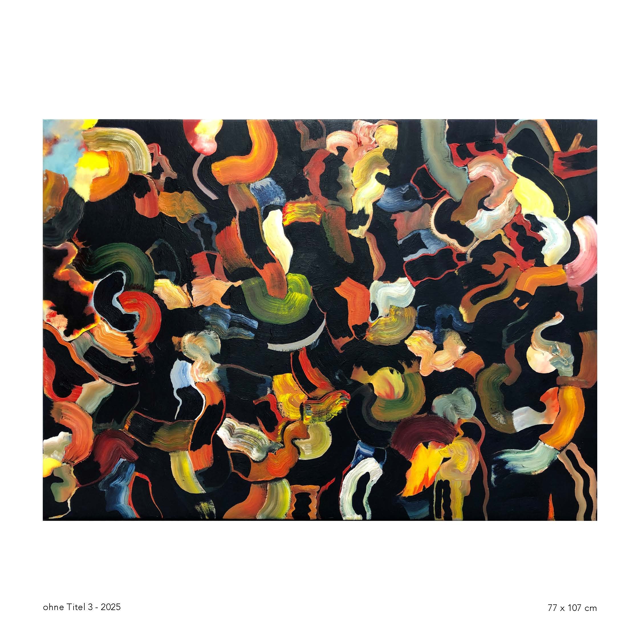 Abstract painting with swirling, colorful brushstrokes on a black background, titled 'ohne Titel 3' created in 2025.