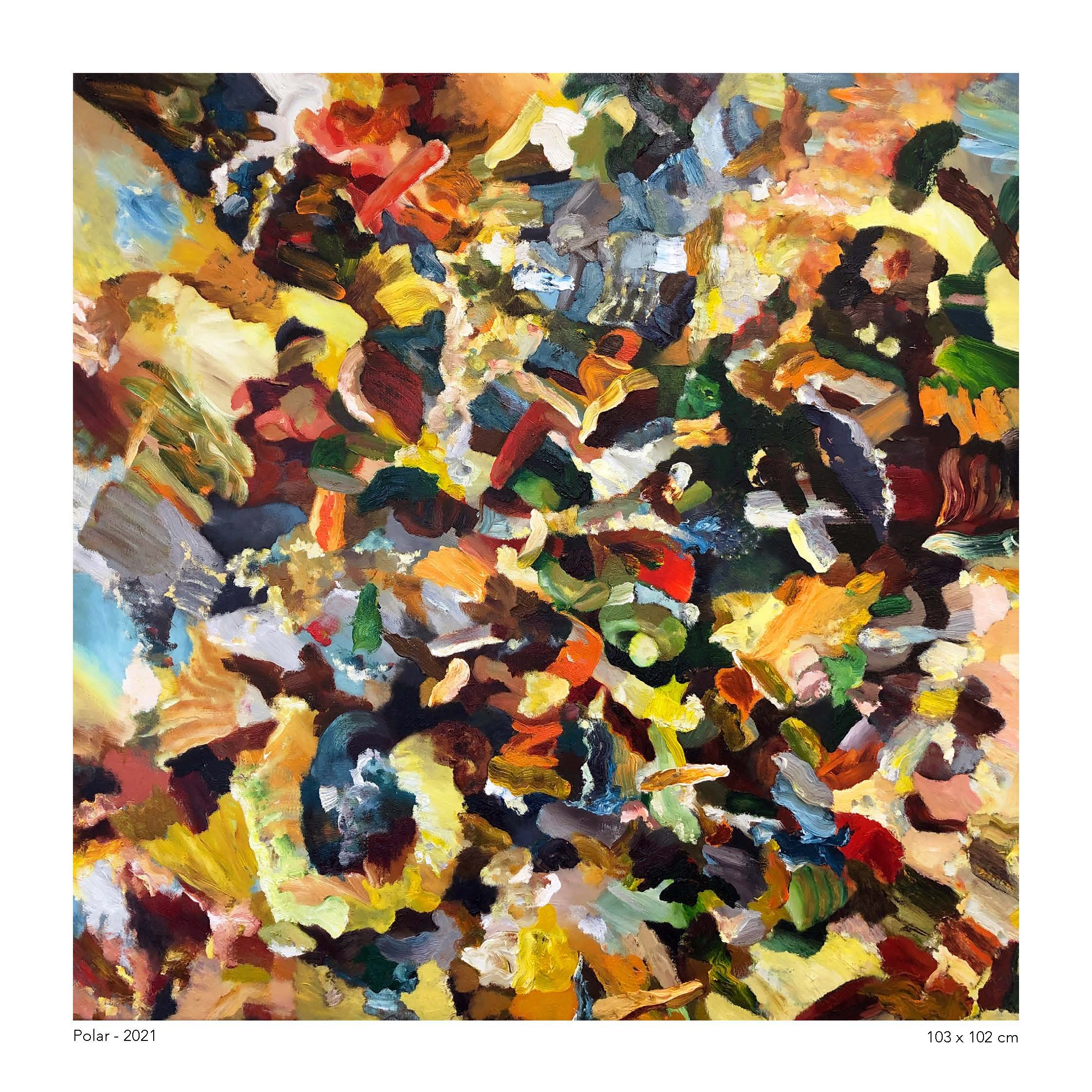 Abstract colorful painting with bold brushstrokes, predominantly in yellow, red, black, green, blue, and white, titled 'Polar 2021'.