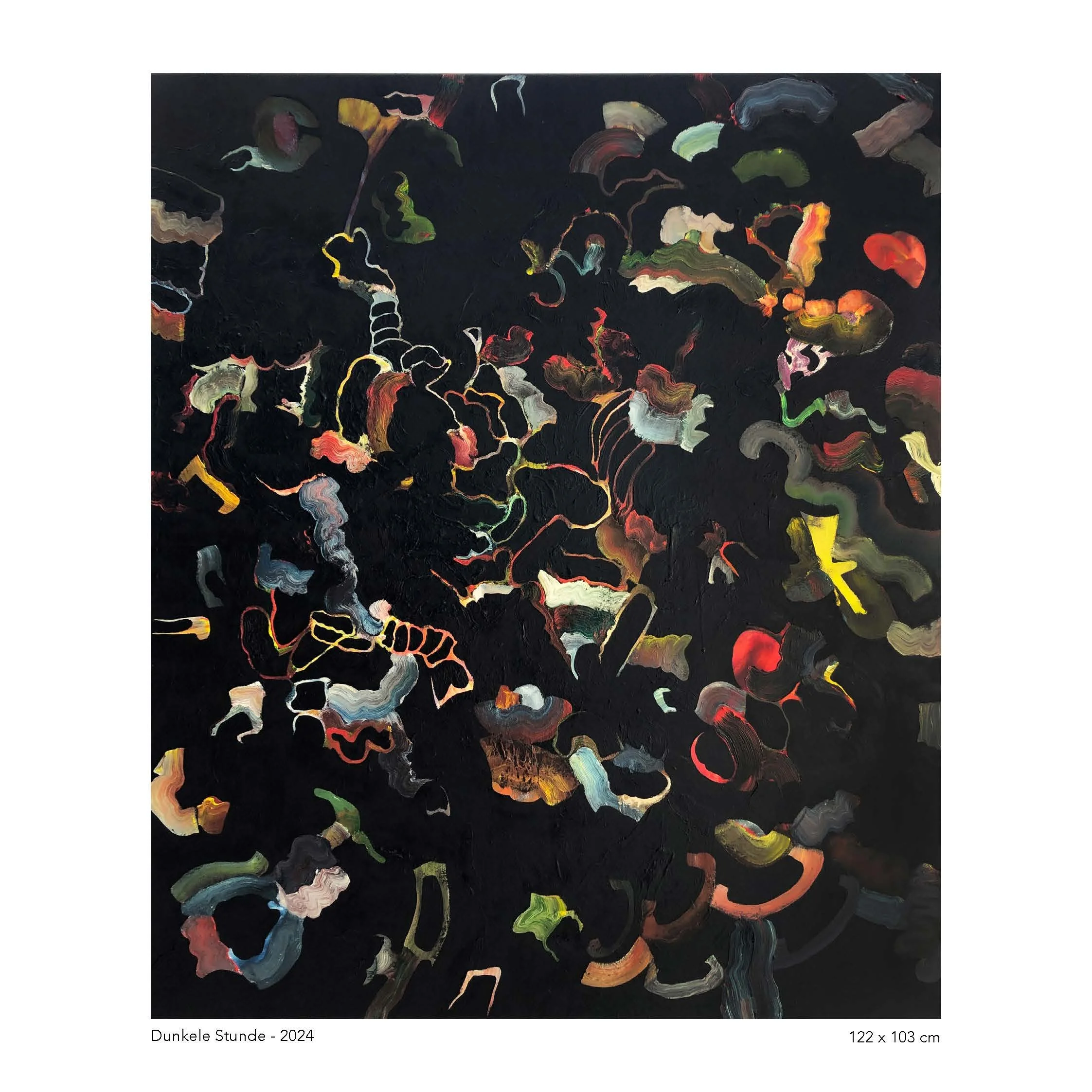 Abstract painting titled 'Dunkle Stunde' from 2024, with colorful swirling brushstrokes on a black background.