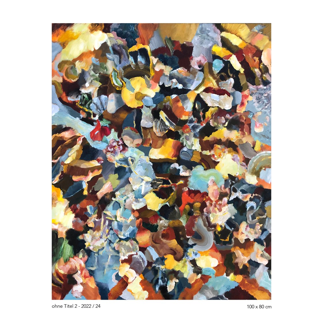 An abstract colorful painting with swirling brushstrokes in shades of yellow, blue, red, black, and white.