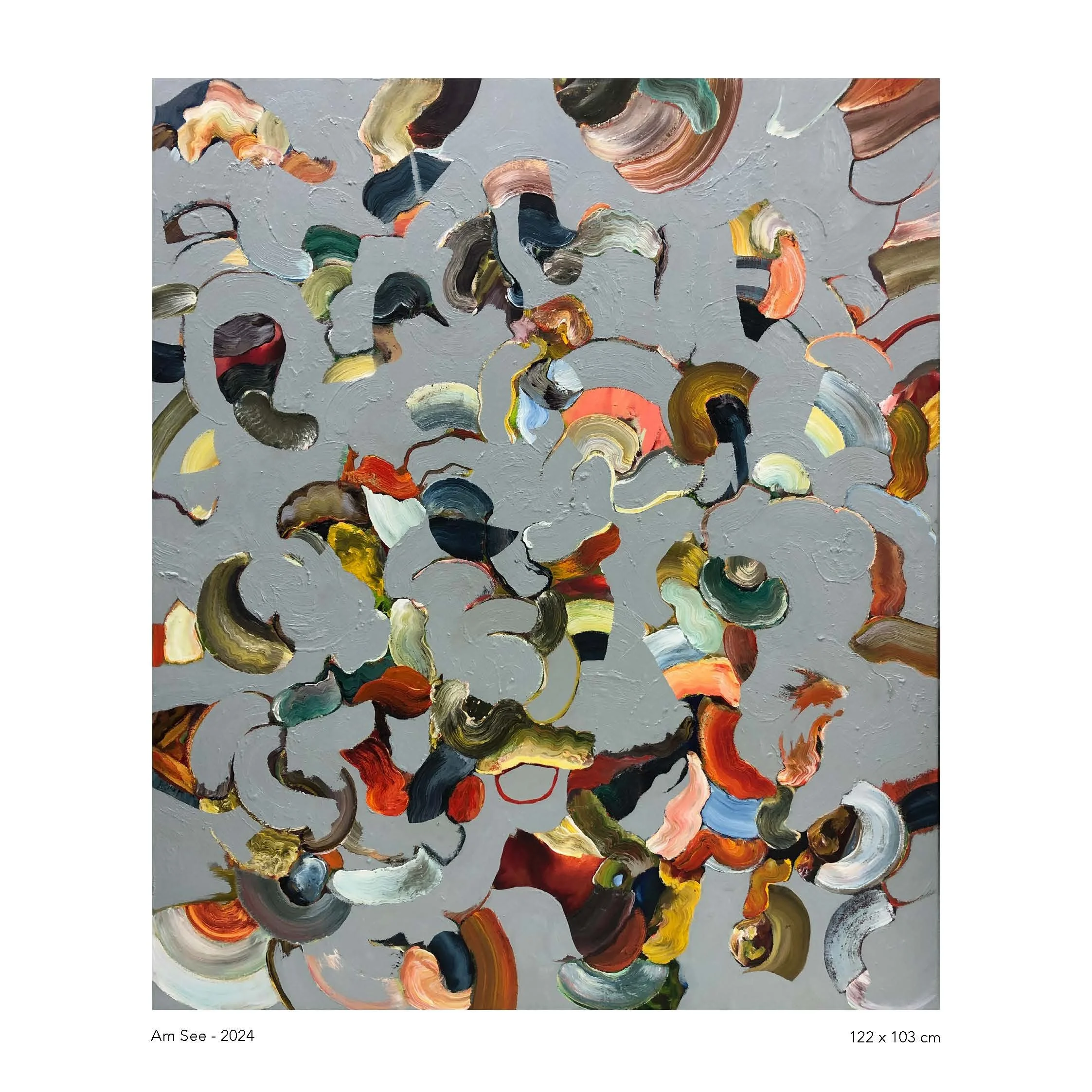Abstract painting with multicolored sweeping brushstrokes on a light gray background.
