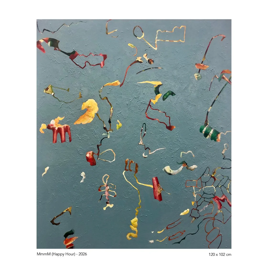 Abstract artwork with colorful, squiggly strings and shapes on a blue textured background.