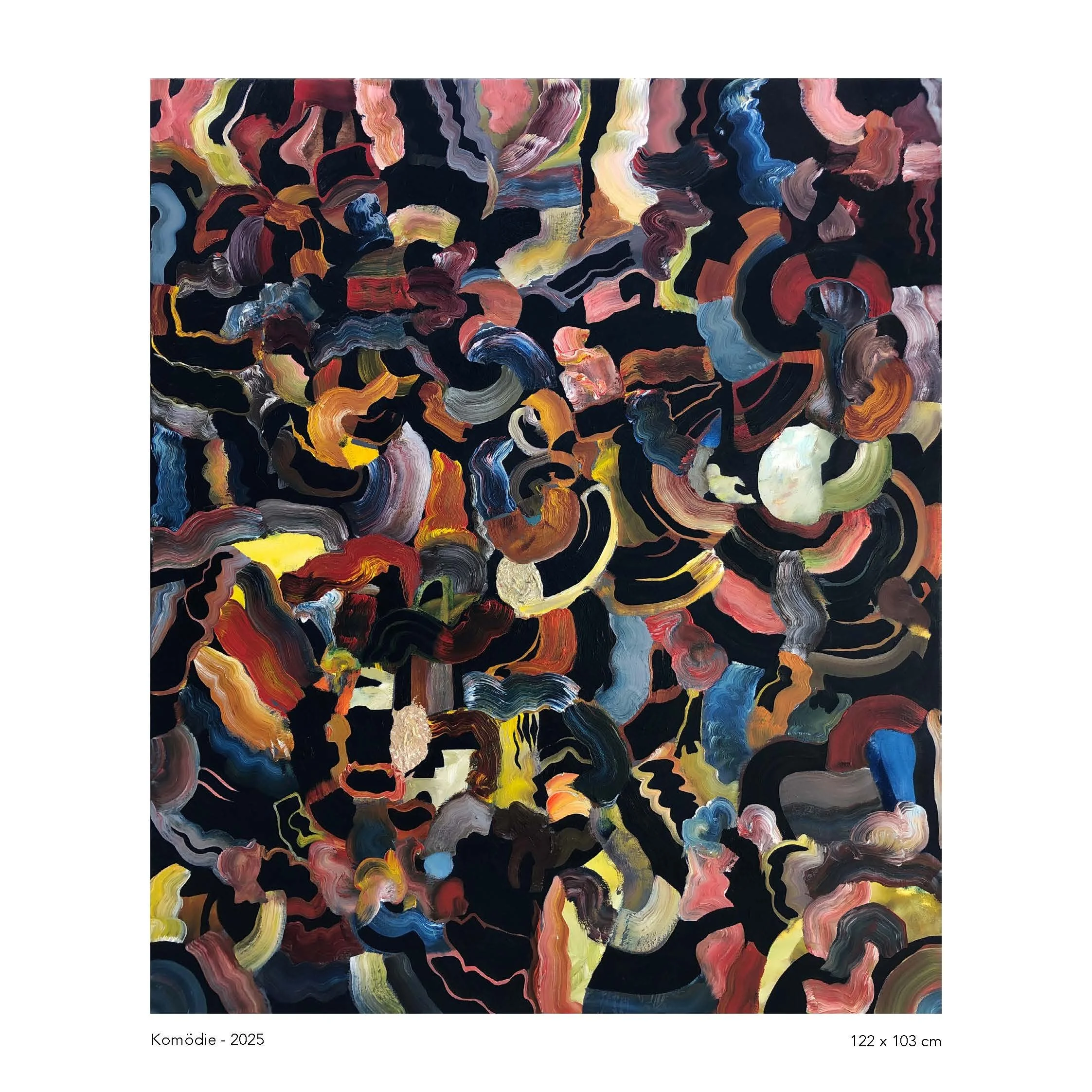 An abstract painting with swirling brushstrokes in various colors including black, red, yellow, blue, pink, and brown.