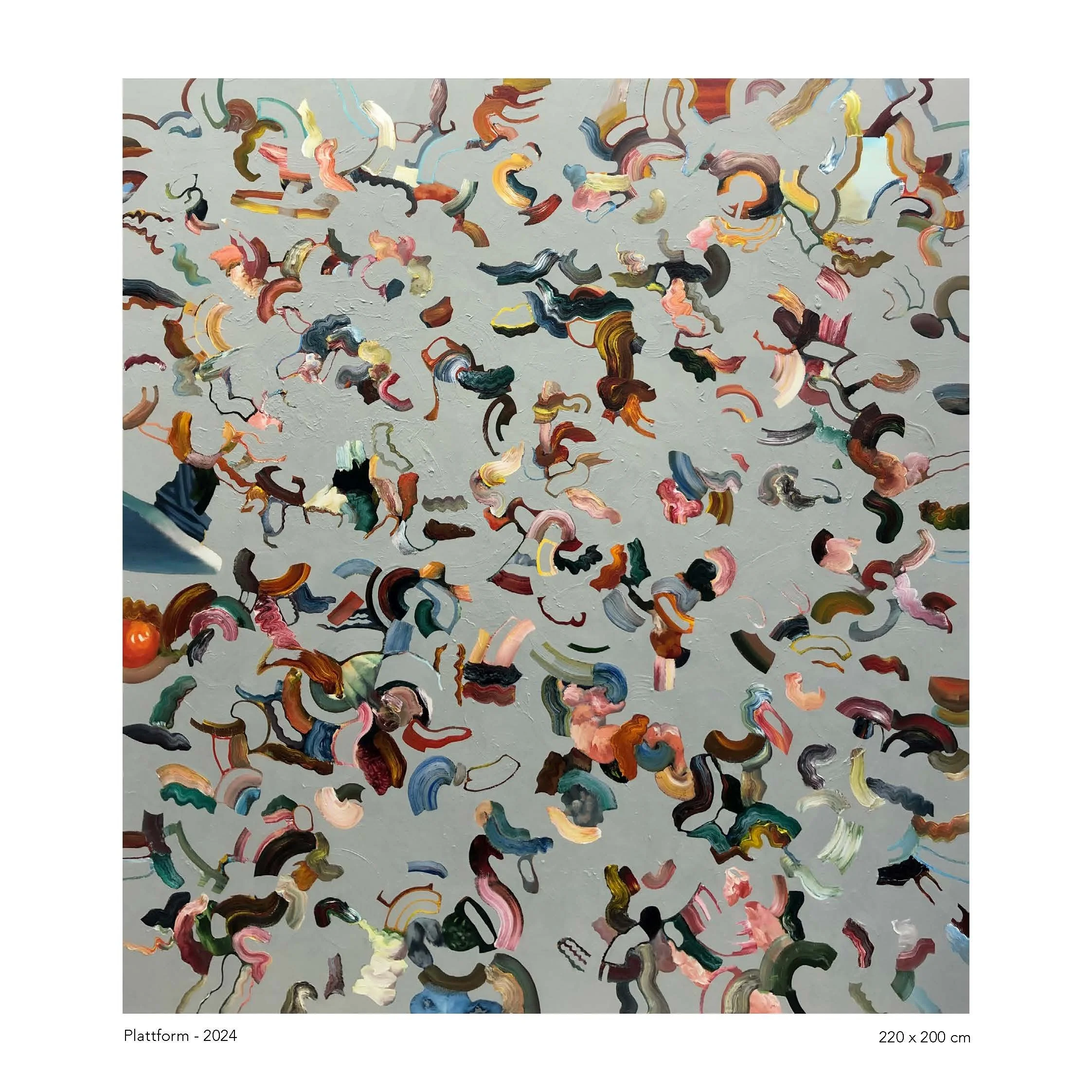 An abstract painting called 'Platform' from 2024 featuring multicolored, curving brushstrokes on a light gray background, with the dimensions 220 by 200 centimeters.