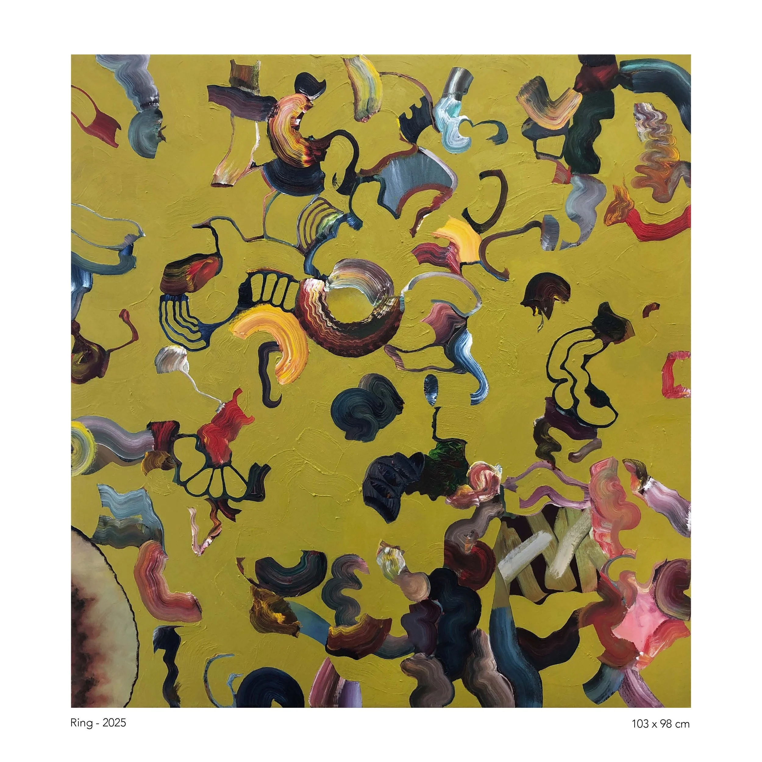 Abstract painting with multicolored swirling shapes on a yellow background, titled 'Ring - 2025', measuring 103 by 98 centimeters.