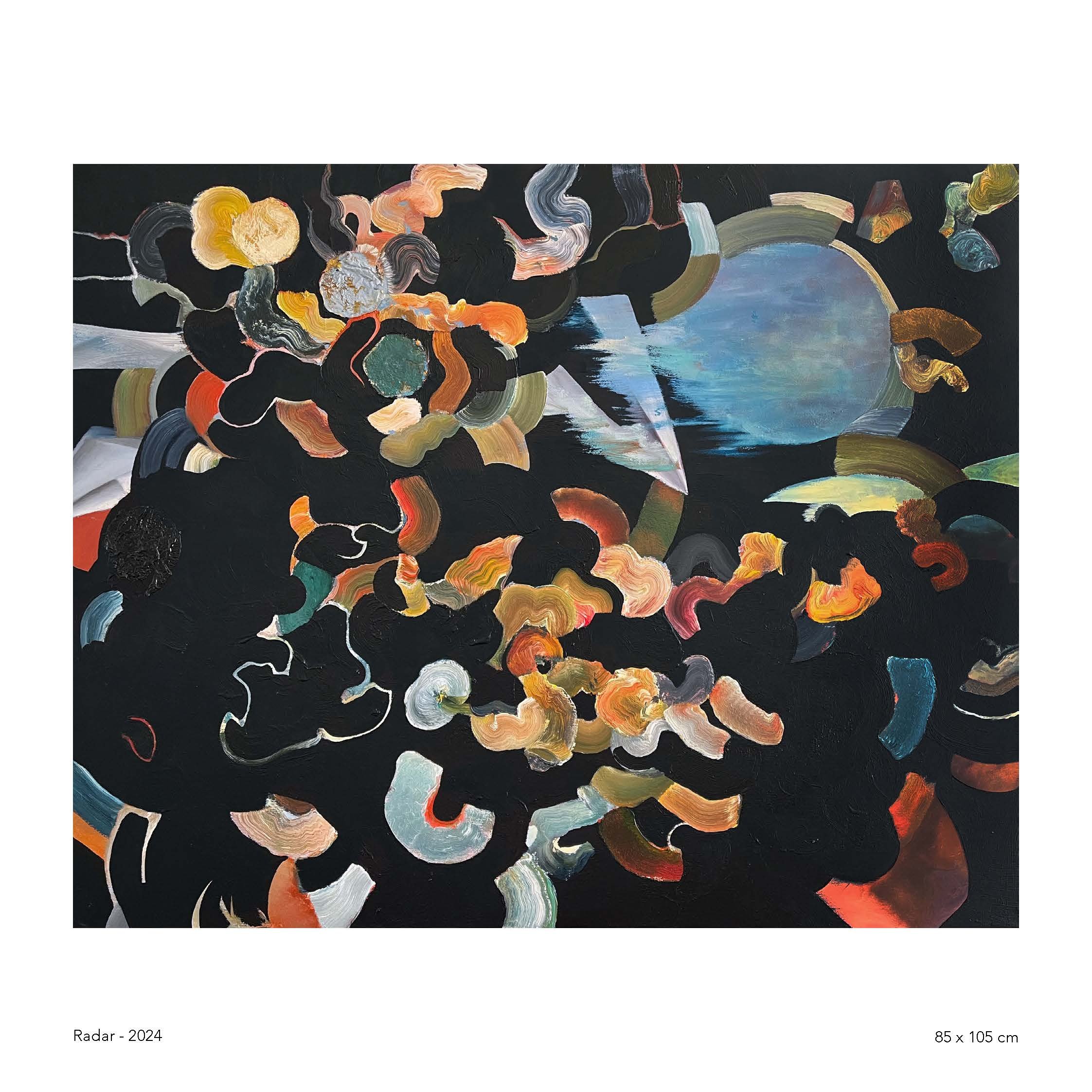 Abstract painting with colorful swirling shapes on a black background, titled 'Radar - 2024', measuring 85x105 cm.