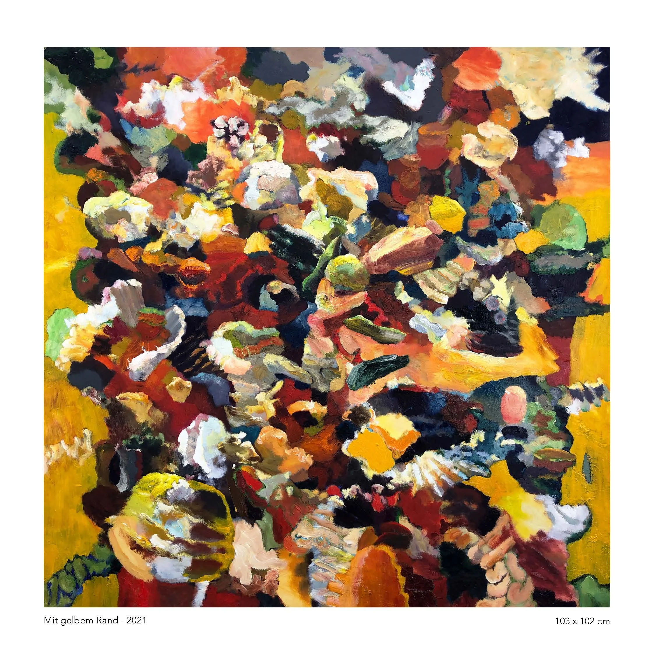 An abstract painting with vibrant, swirling colors including red, orange, yellow, white, dark blue, black, green, and hints of pink and purple.