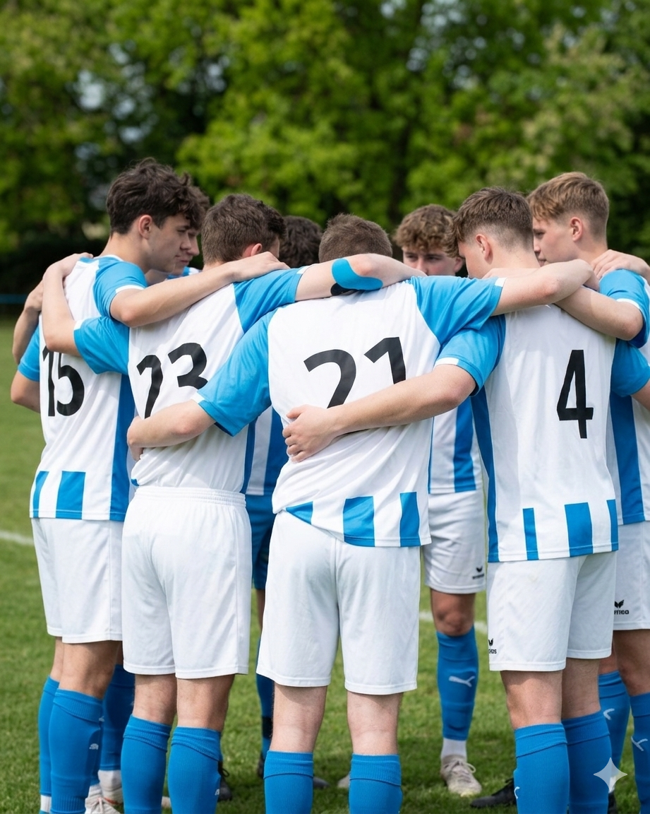 Fußballteam in einem Kreis mit verschlungenen Armen, trägt weiße Trikots mit blauen Ärmeln und blauen Shorts, auf einem grünen Spielfeld, im Hintergrund Bäume.
