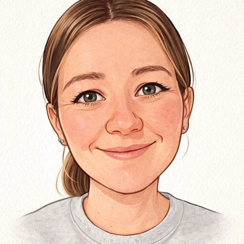 A founder and creator, smiling woman with light skin, blonde hair, gray eyes, and small earrings. Creating handmade custom books