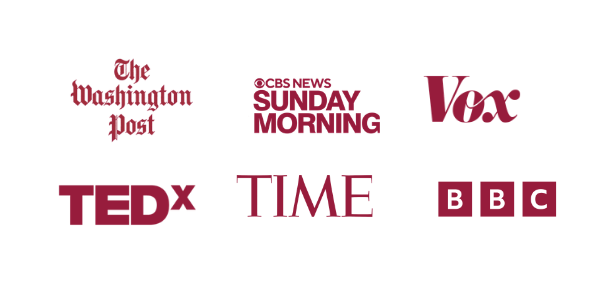 Collection of logos for The Washington Post, Sunday Morning, Vox, TEDx, Time, and BBC.