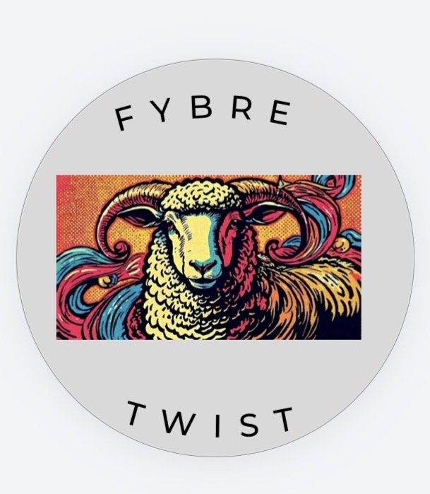 Colorful illustration of a sheep with swirling multicolored wool, with the words 'FYBRE TWIST' in a circular arrangement around it.