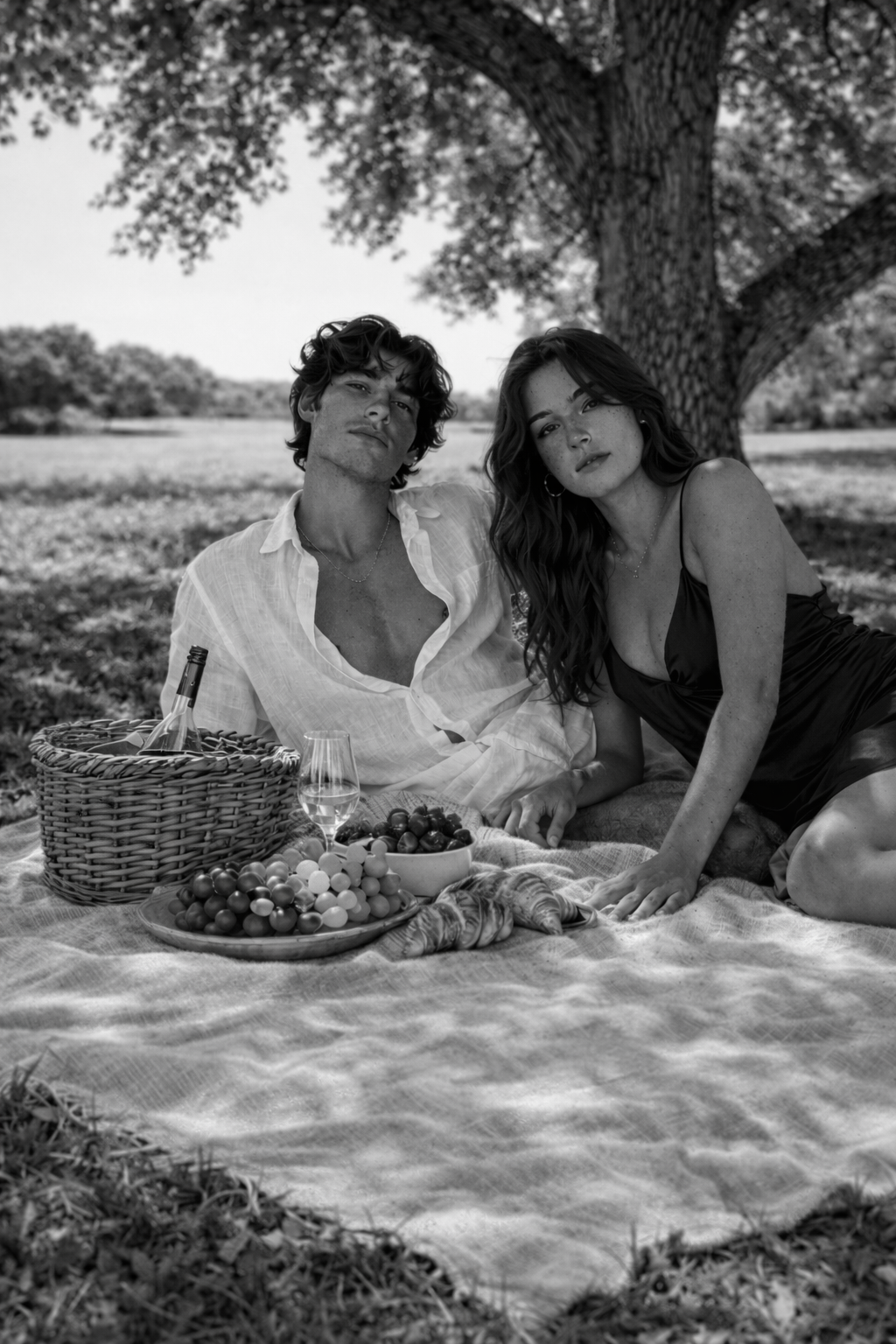 Young man and woman having a picnic outdoors under a large tree, with a picnic blanket, grapes, a wine bottle, and glasses visible.