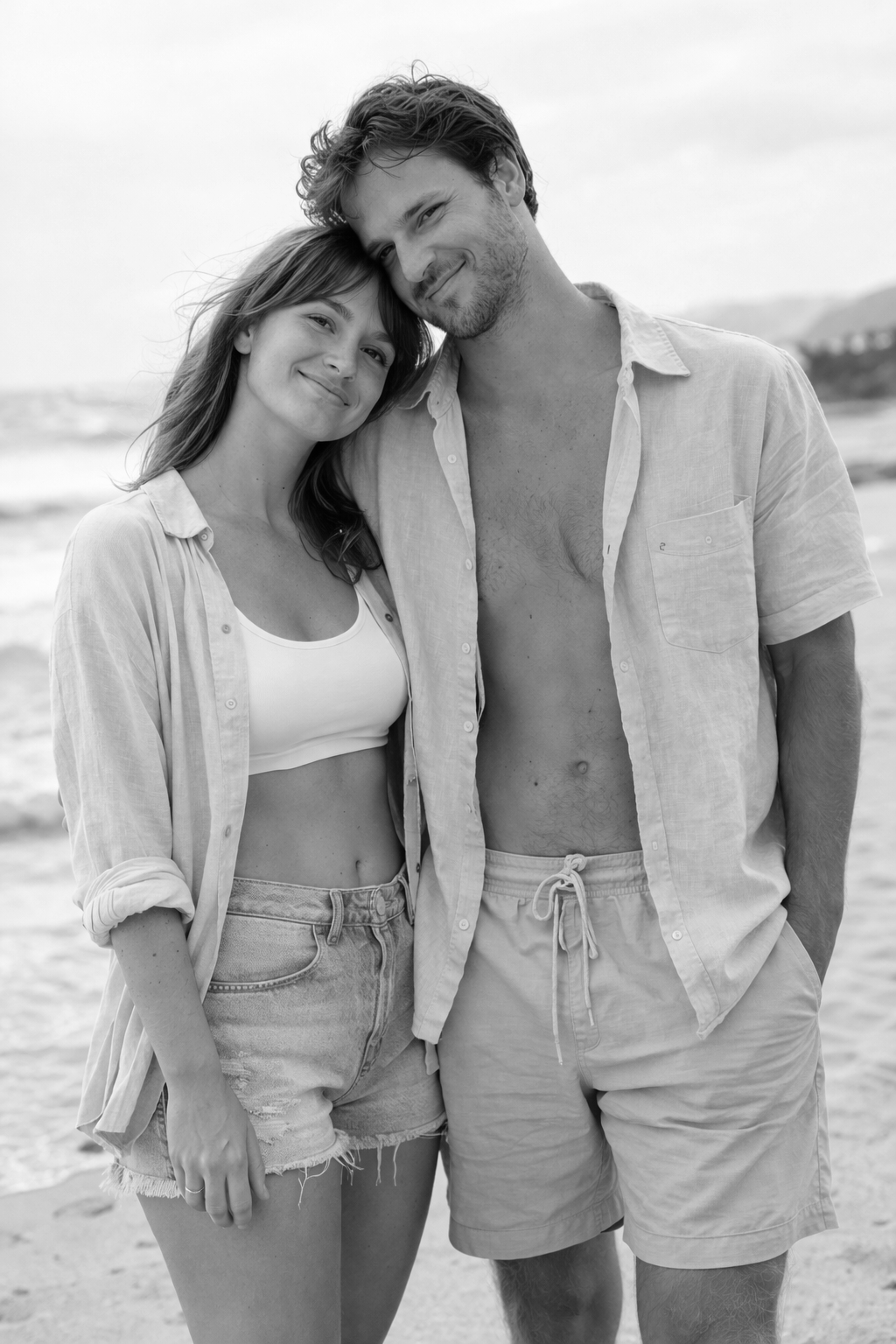 A young couple standing closely together on a beach, smiling at the camera, with the ocean and shoreline in the background.