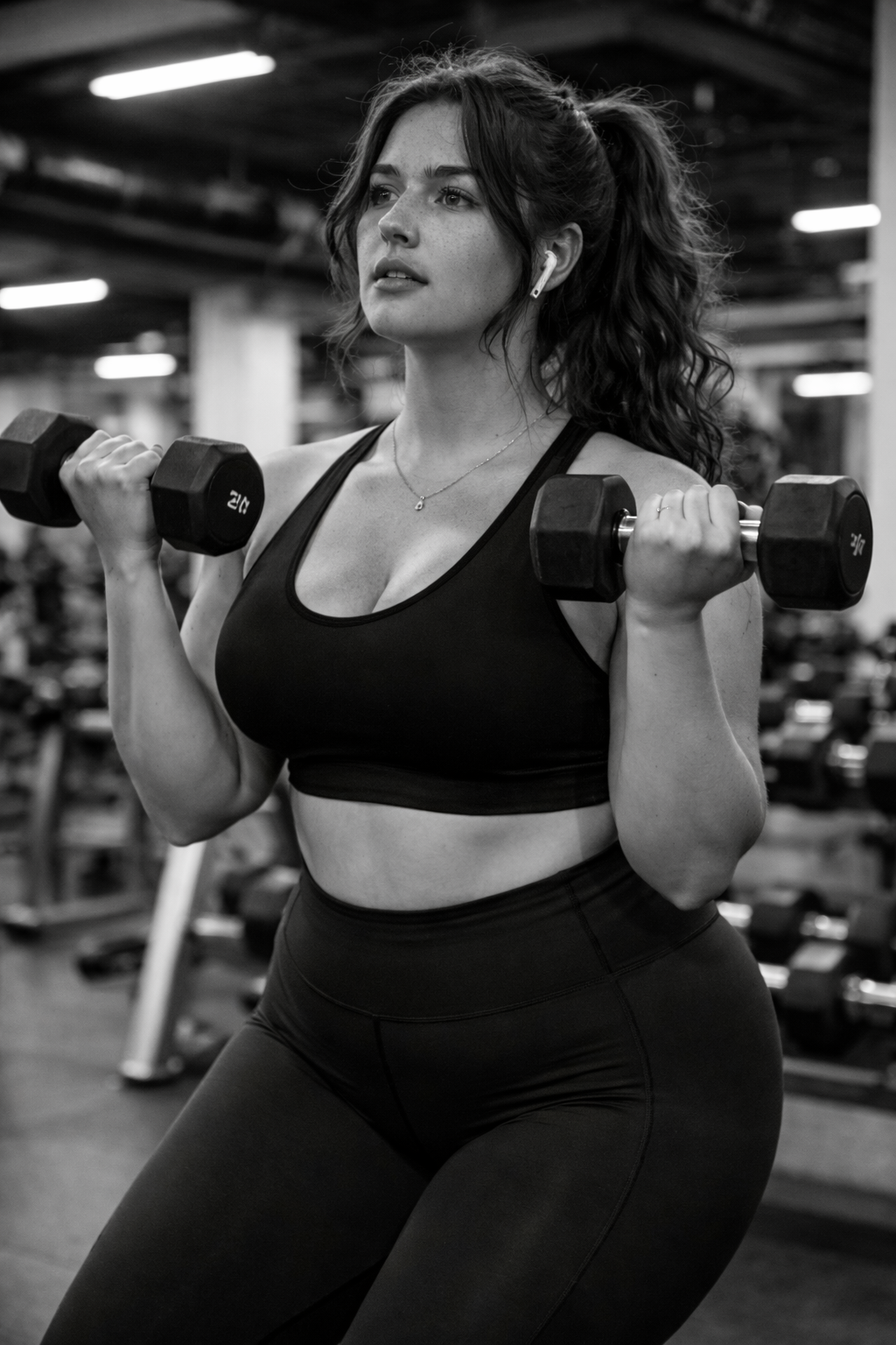 A woman lifting dumbbells while at the gym, wearing workout attire and wireless earbuds.