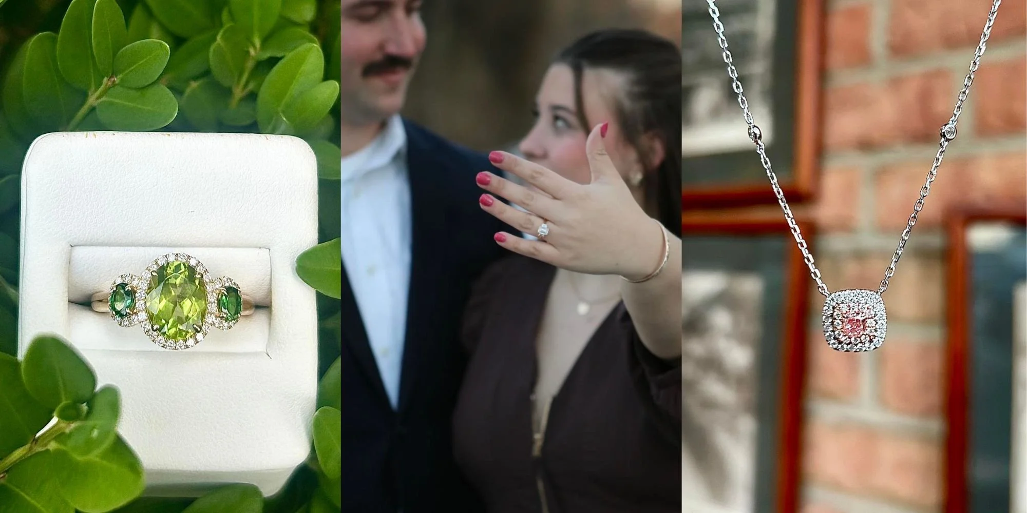 A ring with green gemstones and a necklace with a pink gemstone pendant.