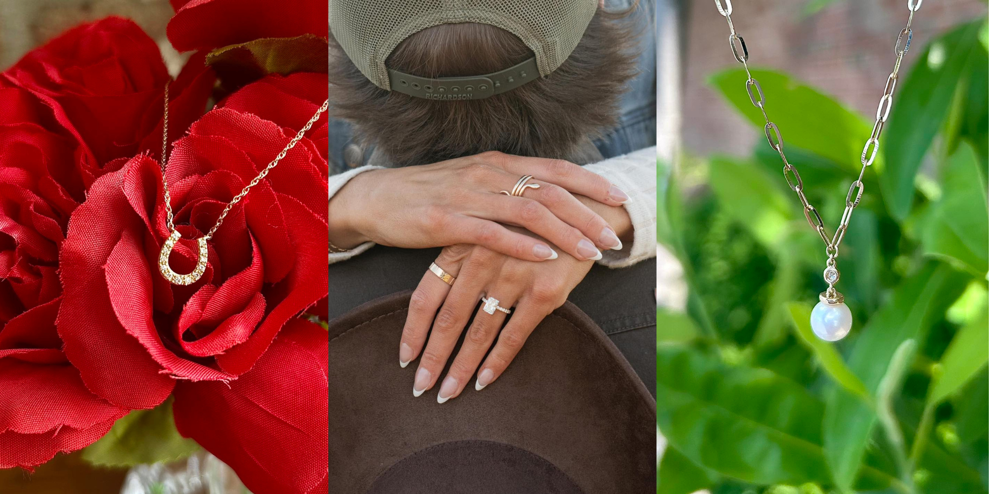 Three separate images of jewelry: a gold U-shaped necklace with diamonds resting on a red fabric flower, a person wearing multiple rings including a diamond solitaire on their left hand, and a silver chain necklace with a pearl pendant hanging among 