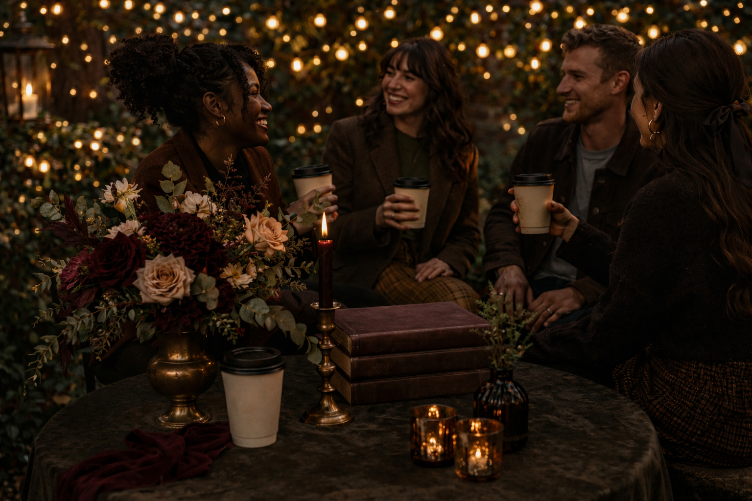 Four people sitting around a table outdoors at night, enjoying drinks and conversation, with string lights in the background, and a floral centerpiece and candles on the table.