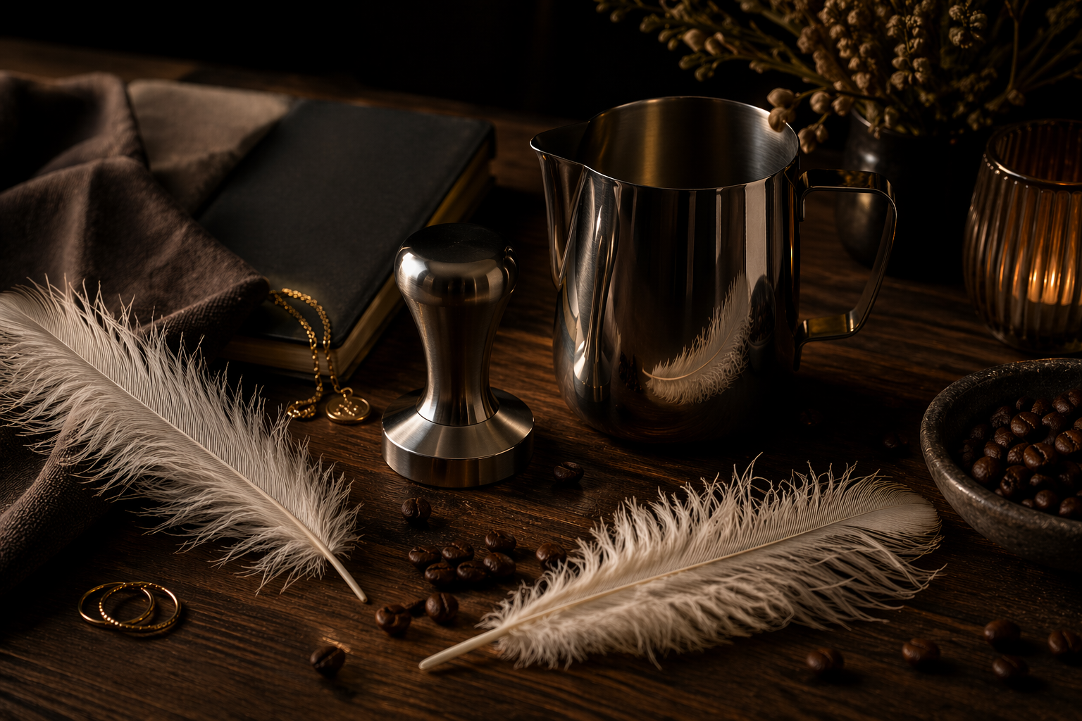 Close-up of a wooden table with metallic coffee accessories, white feathers, coffee beans, a journal, a gold ring, a gold necklace, and a flower arrangement.
