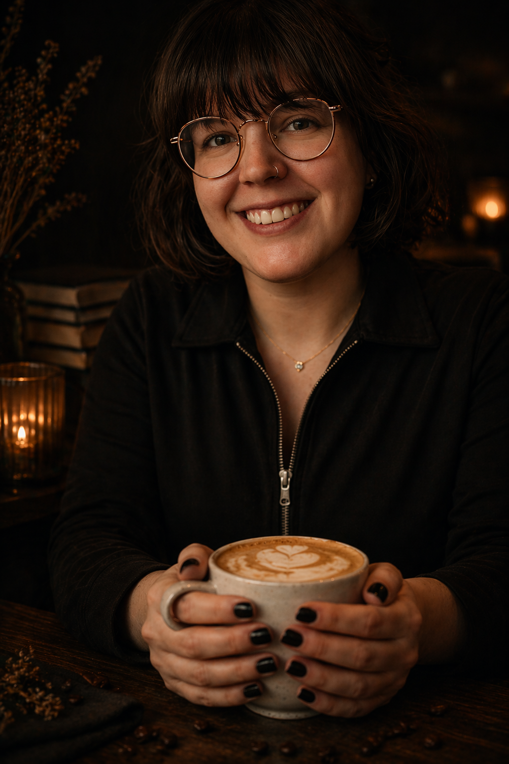 A woman with glasses and a nose piercing smiling while holding a cup with latte art in a cozy, dimly lit café.