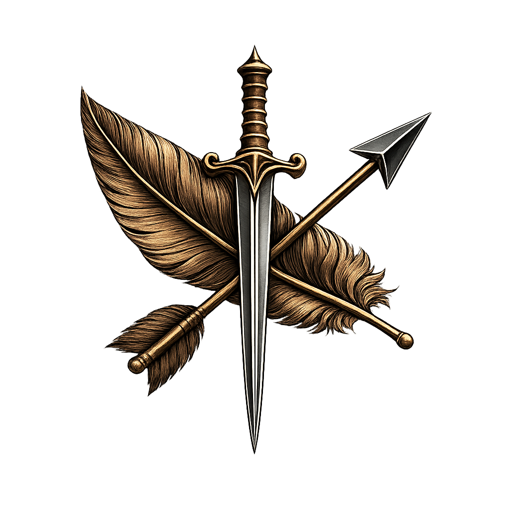 A decorative emblem featuring a sword with a gold hilt, a brown feather, and a silver arrow crossed against a black background.
