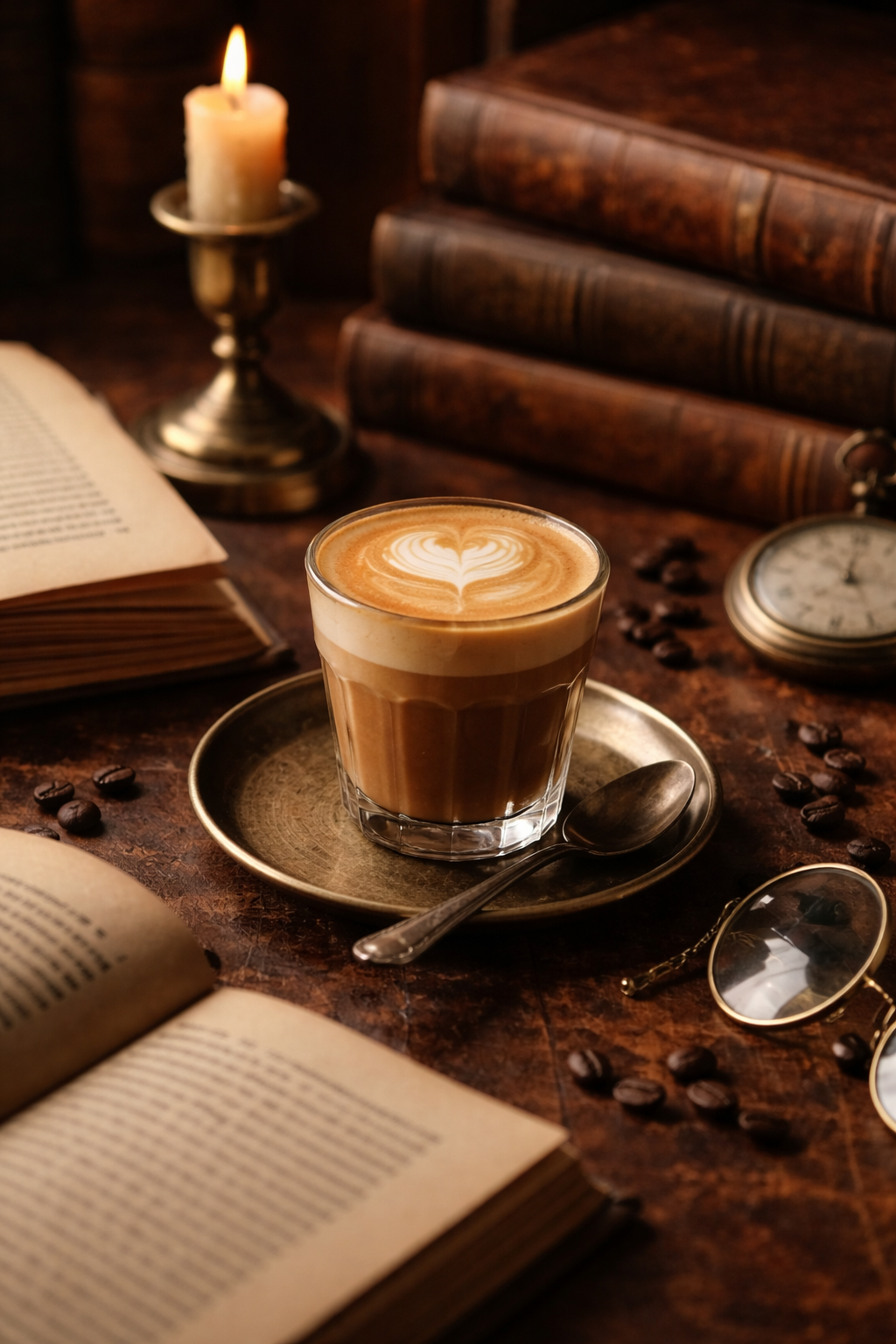 A glass of coffee with latte art on top, placed on a brass tray with a spoon, surrounded by open books, coffee beans, a pocket watch, and round glasses on a dark wooden table with a lit candle in the background.