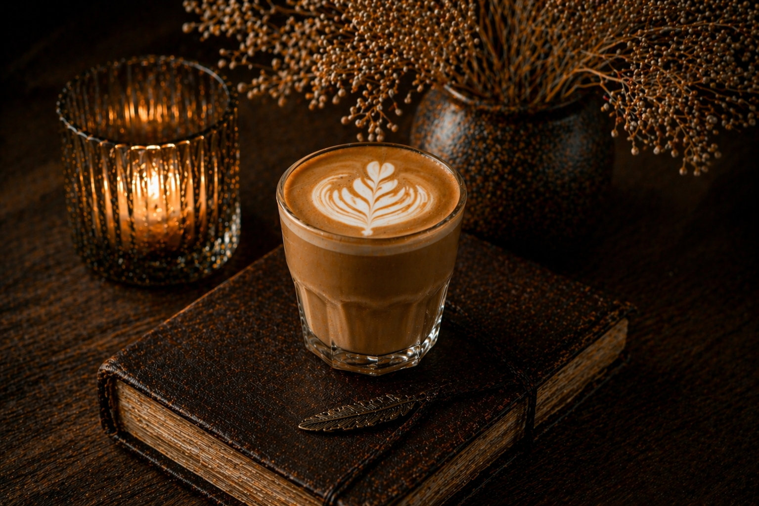 A glass of coffee with latte art on top, placed on a spiral-bound book with an ornate feather pen. To the left, a lit candle in a decorative metal holder, and in the background, a dark vase with dried flowers.