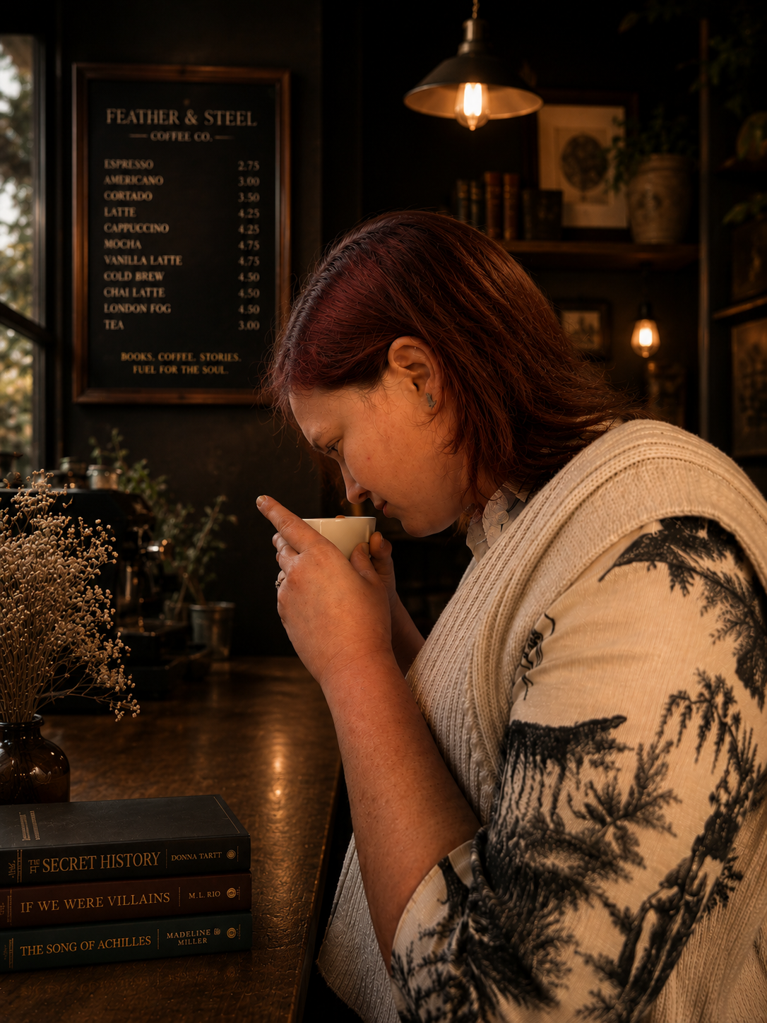 A woman with red hair drinking coffee in a cozy coffee shop with a blackboard menu listing drinks and prices behind her.