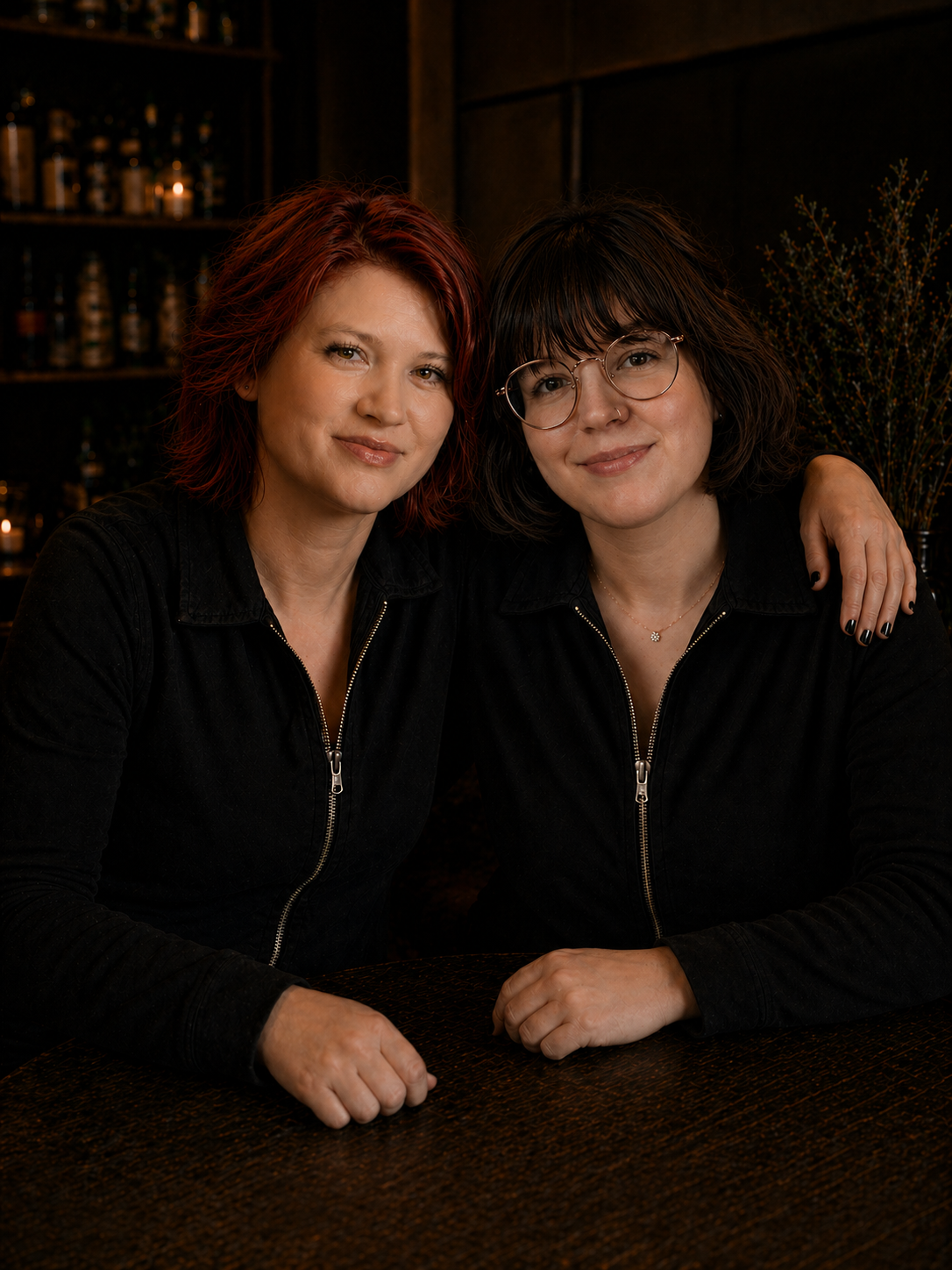 Two women sitting at a table in a dimly lit room, wearing black zip-up jumpsuits, with one woman’s arm around the other's shoulder.