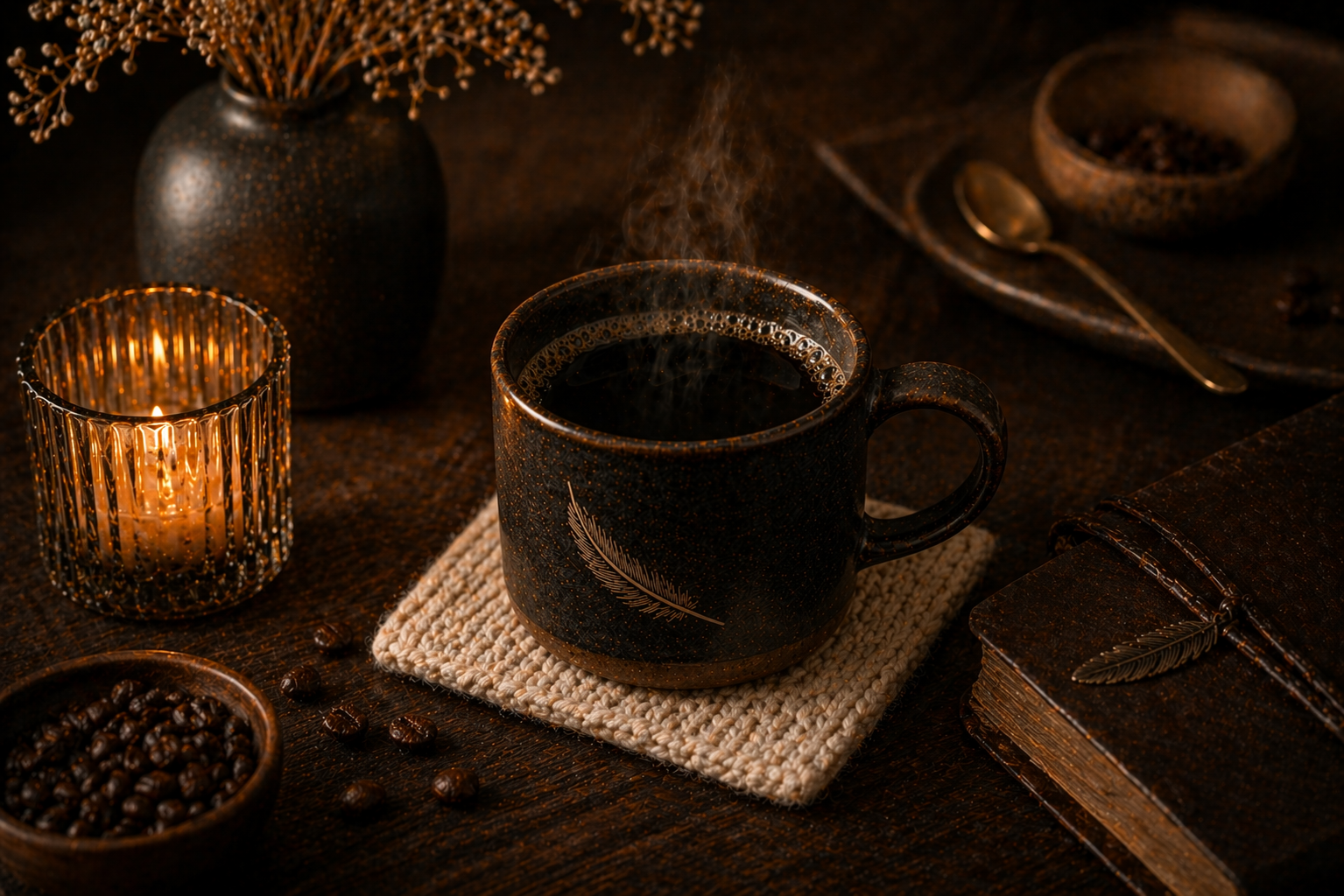 A steaming cup of coffee with a feather design, a lit candle in a metallic holder, a bowl of coffee beans, an open book with a feather bookmark, and a small bowl, all on a dark wooden table.
