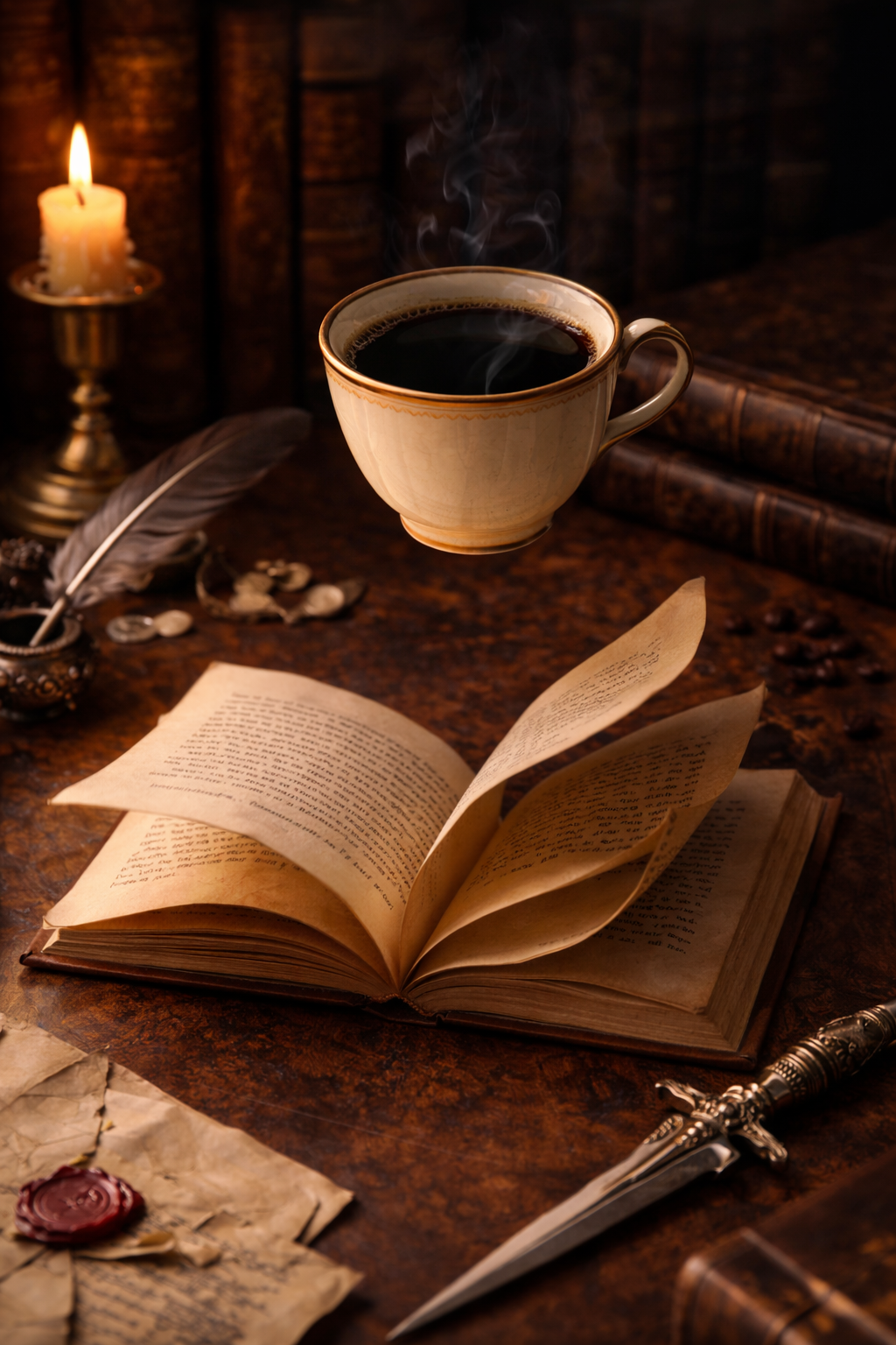 An open vintage book with pages turned, a steaming cup of coffee, a lit candle, a feather quill, an old letter with a red wax seal, and stacked antique books on a dark wooden table.