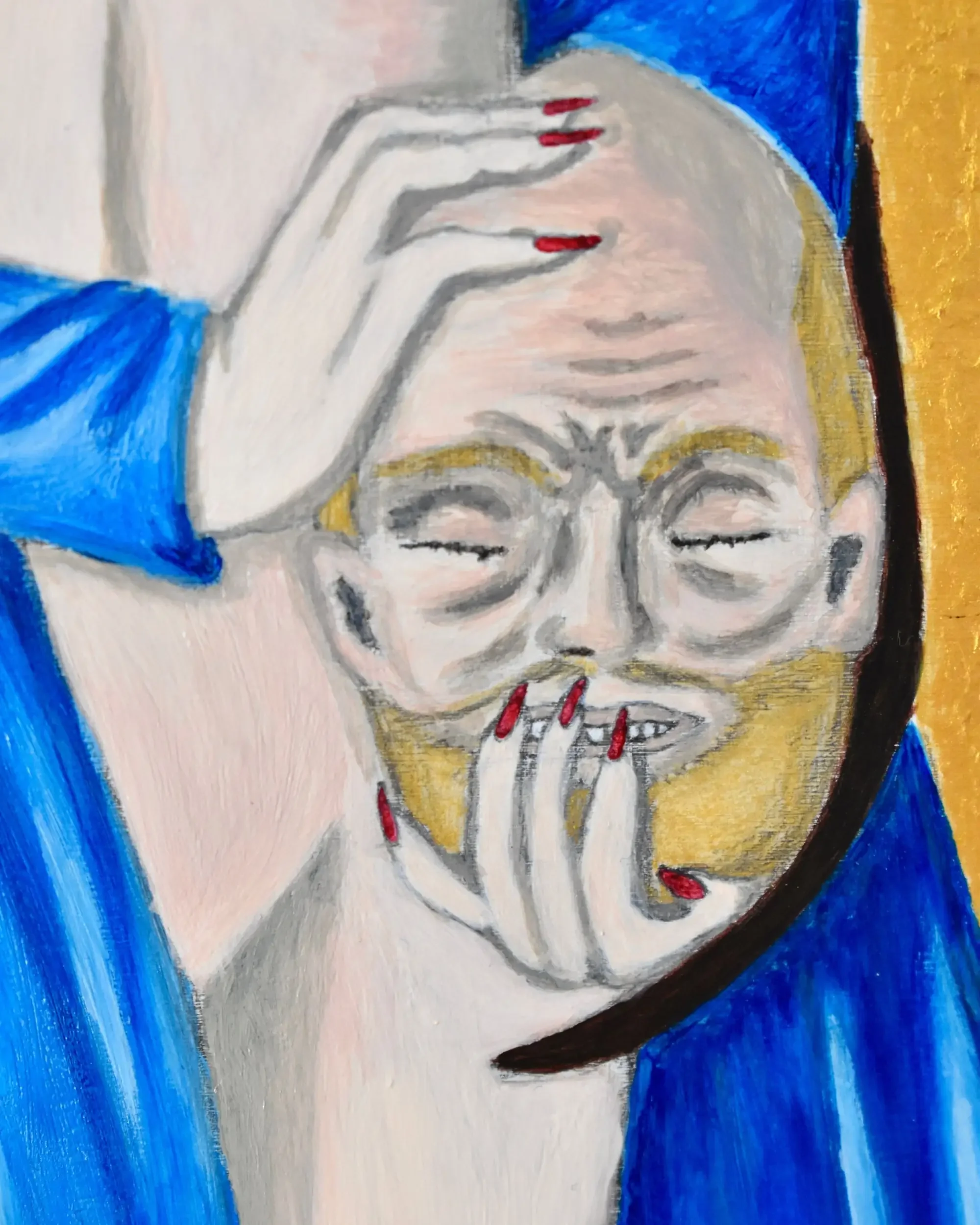 Close-up detail of Giuditta e Oloferne. Who is the victim?, a contemporary artwork by Francesca V Kranz, focusing on Holofernes' severed head held by hands with red nails against a blue robe.