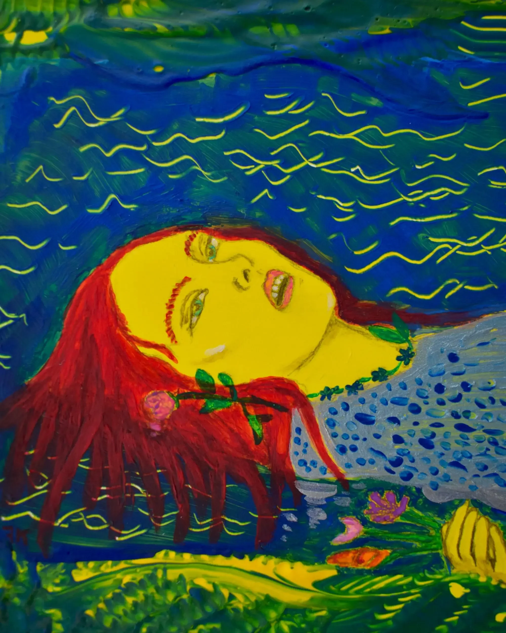 Close-up detail of Ofelia. Back to Nature., a contemporary artwork by Francesca V Kranz, focusing on the yellow face, floating red hair, and poetic details of flowers dissolving into the blue and green water texture.