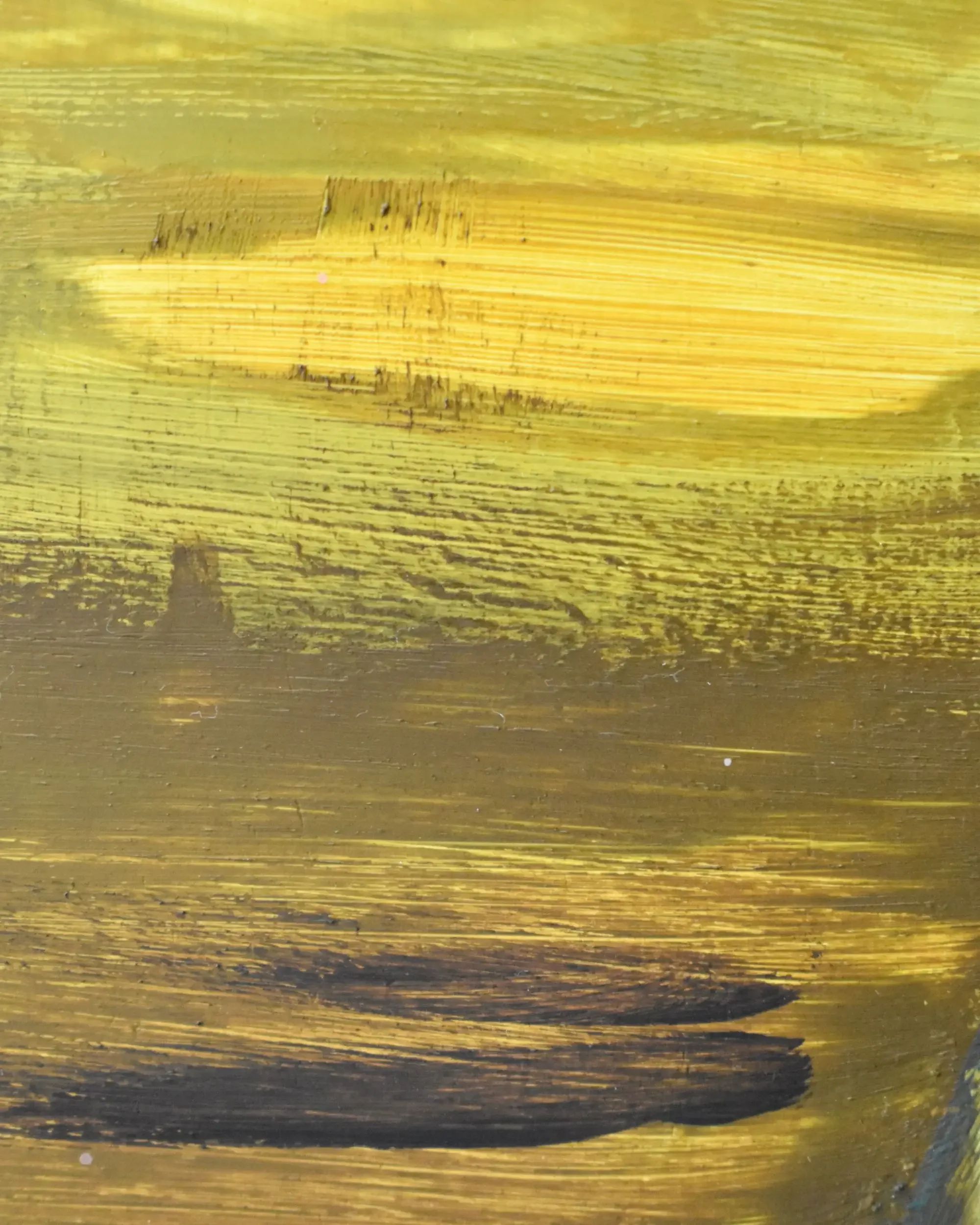 Macro close-up detail of Monna Lisa. Discomfort Zone: stably unstable., a contemporary artwork by Francesca V Kranz, highlighting the thick, textured yellow and brown ochre brushstrokes on the canvas background.