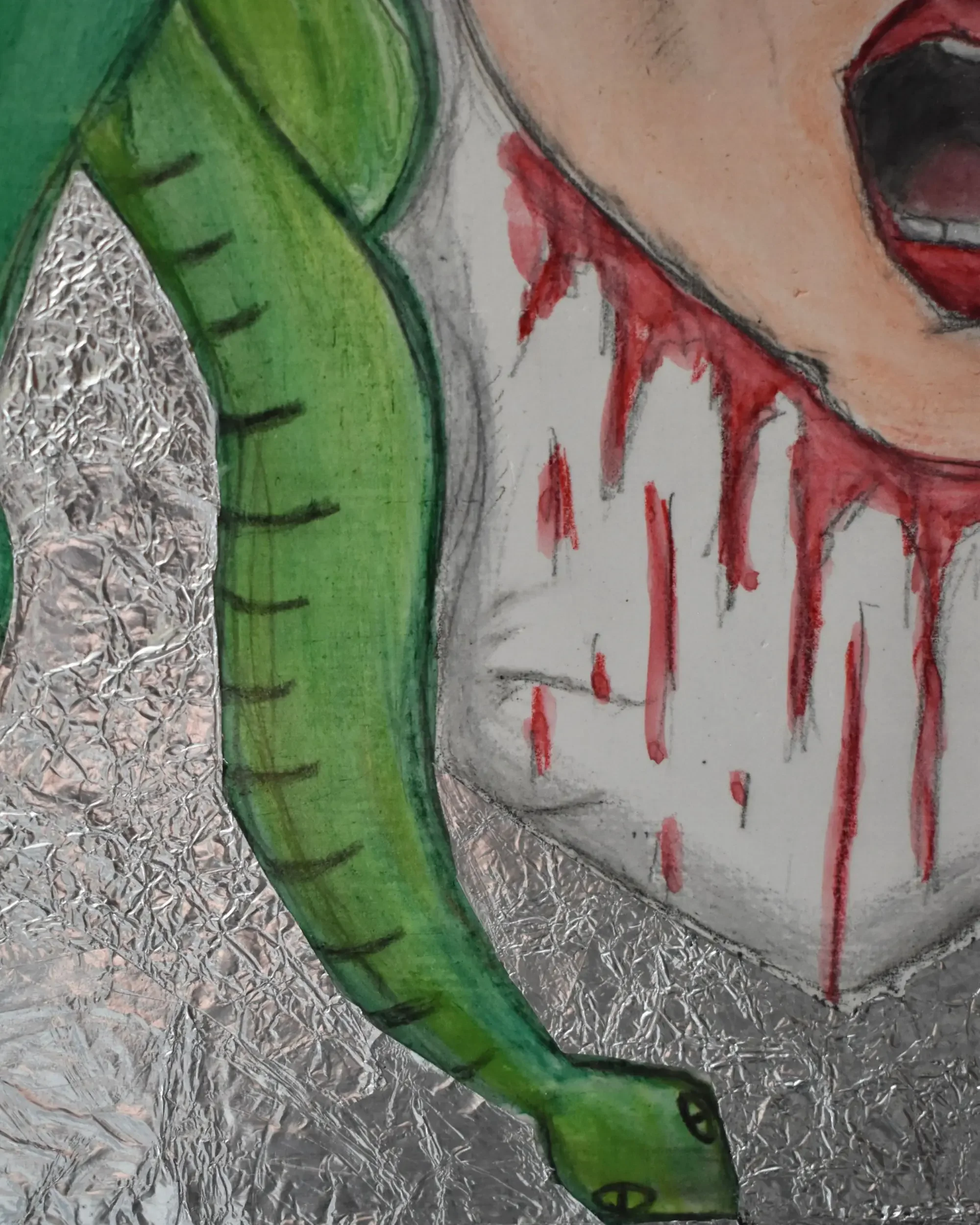 Close-up detail of Francesca V Kranz's contemporary Medusa. Mirror of reflections. artwork, focusing on the blood cascading down a stark white background and the manipulated, reflective aluminum texture.