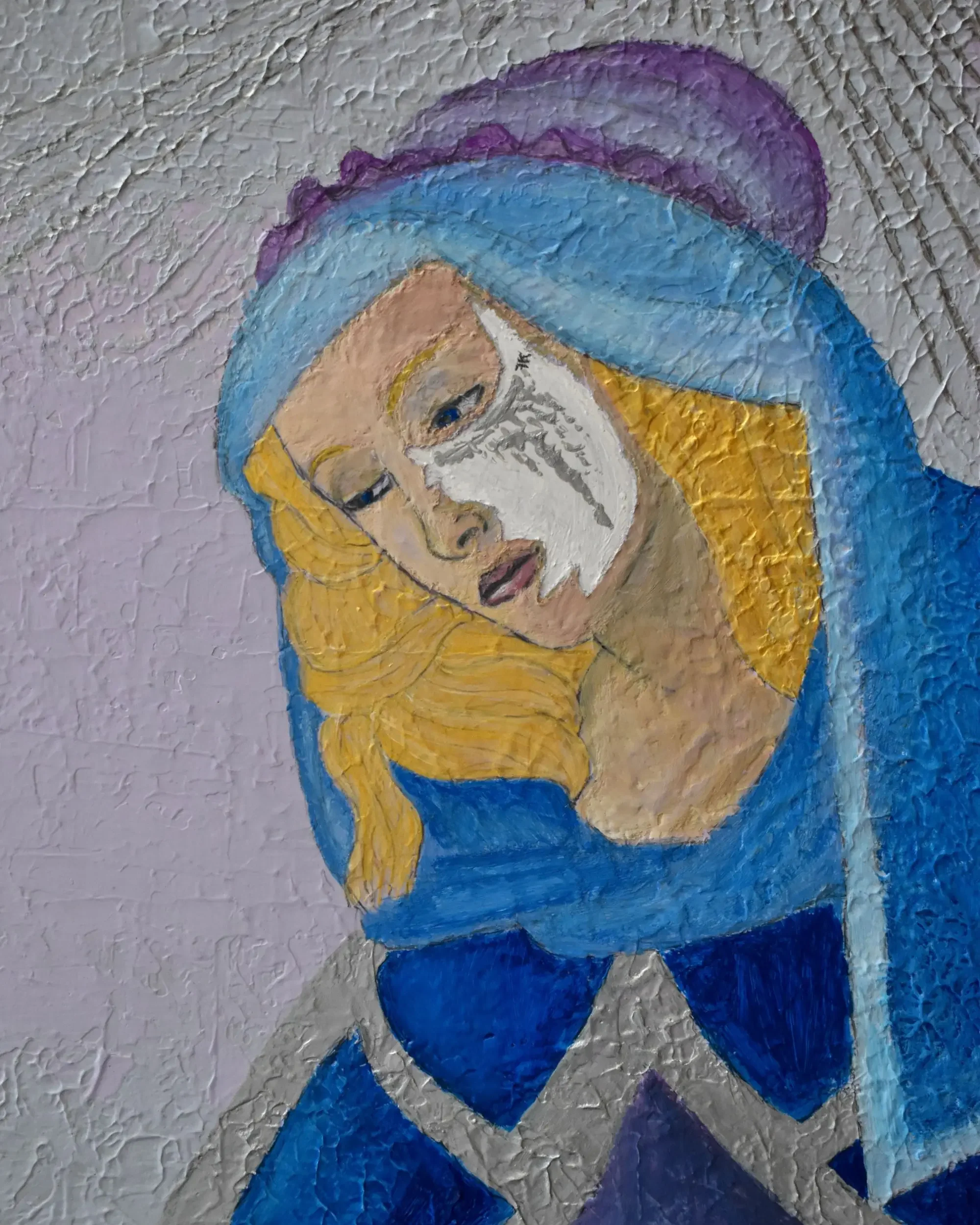 Full view of Madonna. Aura Lacrimarum., a contemporary artwork by Francesca V Kranz, featuring a heavy textured fresco-like background, vibrant blue robes, and an introspective sacred figure.