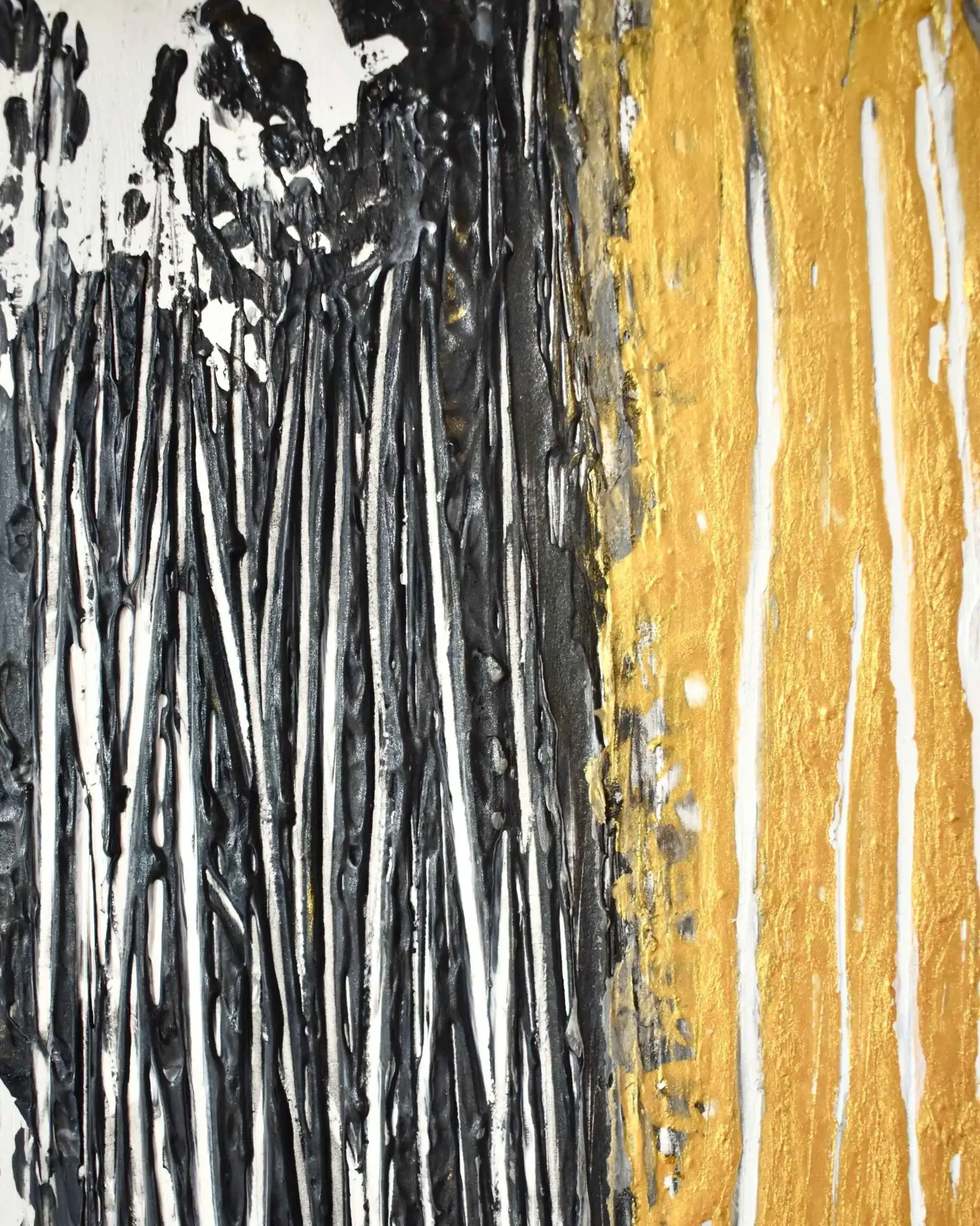 Macro close-up detail of Bacco. Where do we find peace?, a contemporary artwork by Francesca V Kranz, showcasing the heavy texture of the black abyss contrasting with the shimmering, tactile surface of the golden pillar.