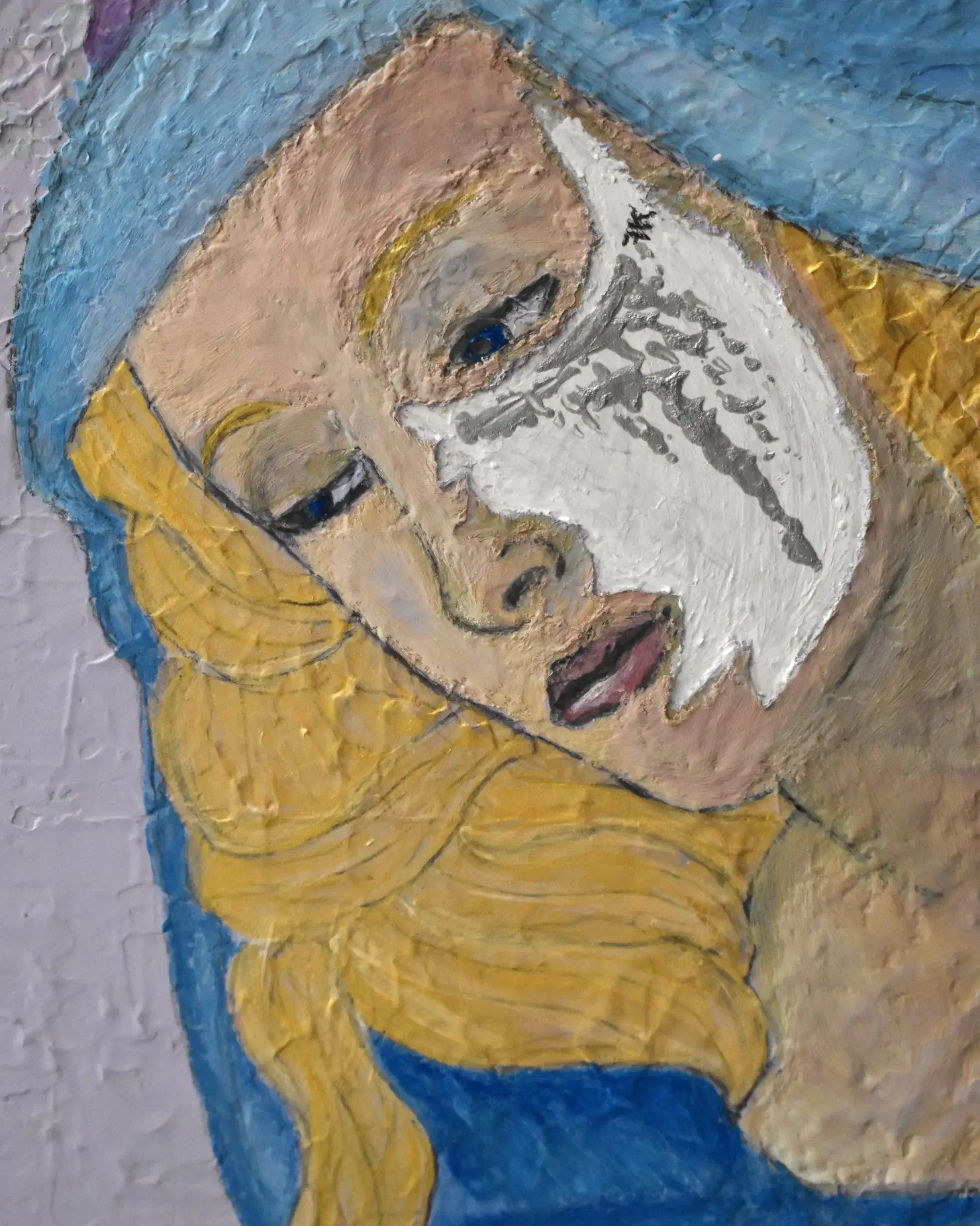 Close-up of Francesca V Kranz's contemporary Madonna. Aura Lacrimarum. artwork, showing the tilted face, introspective gaze, and textured silver tears flowing over a stark white fractured canvas.