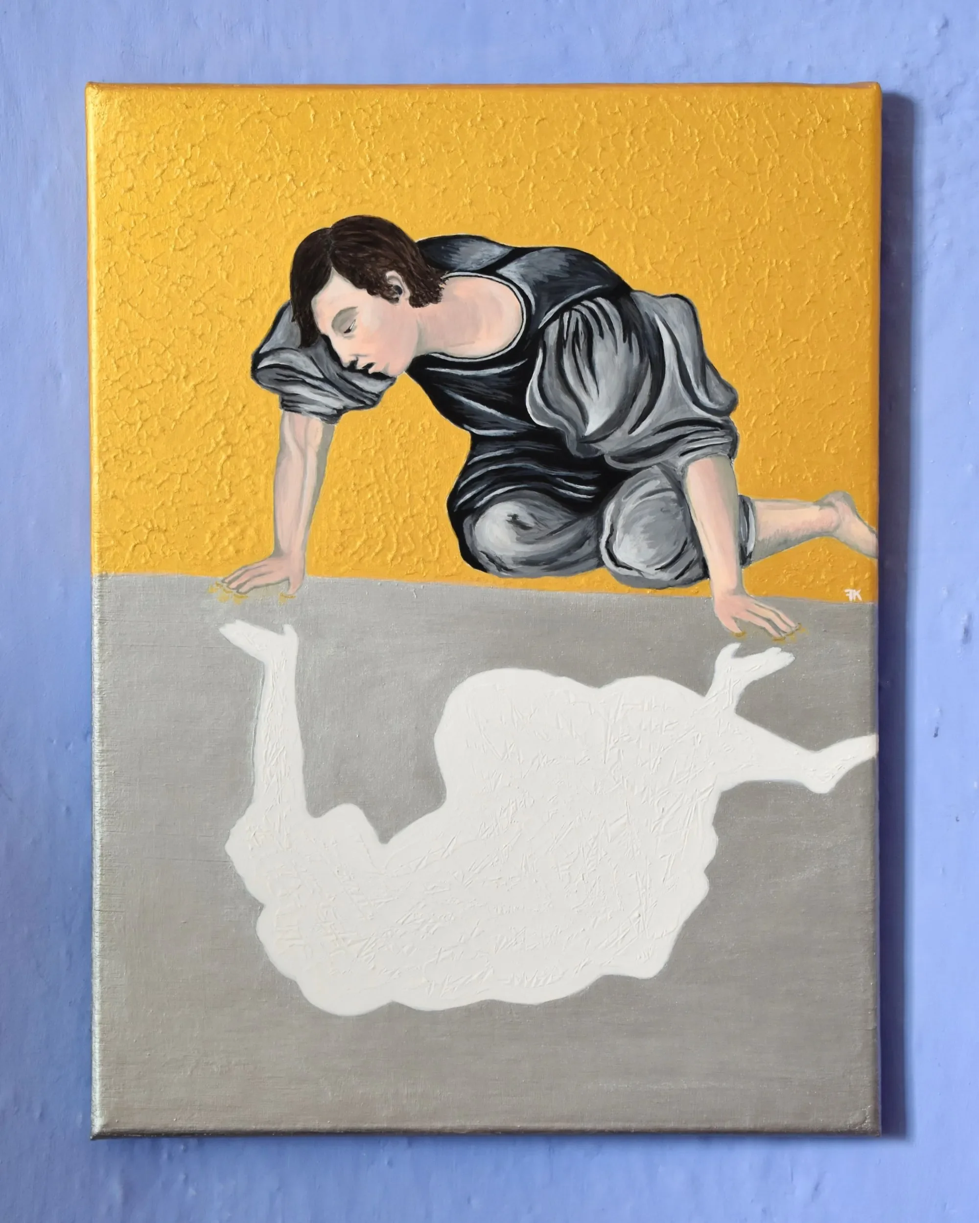 Full view of Narciso. What fills the void?, a contemporary artwork by Francesca V Kranz, displaying the vertical painting on a wall where Narcissus reaches toward a chalky white void against a textured metallic gold background.