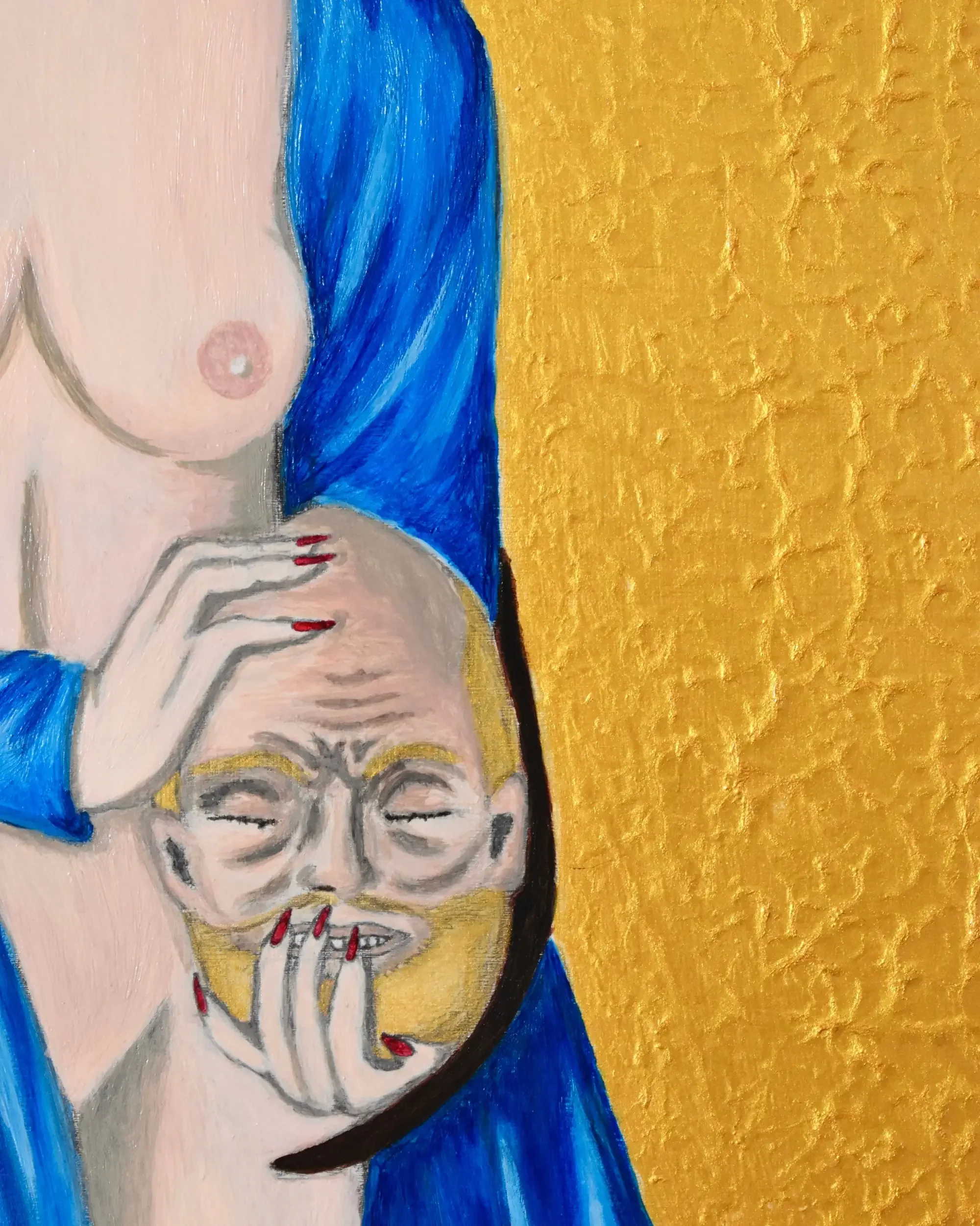 Close-up of Giuditta e Oloferne. Who is the victim?, a contemporary artwork by Francesca V Kranz, contrasting Judith's nude torso and hands with red nails holding Holofernes' severed head against a textured gold background.