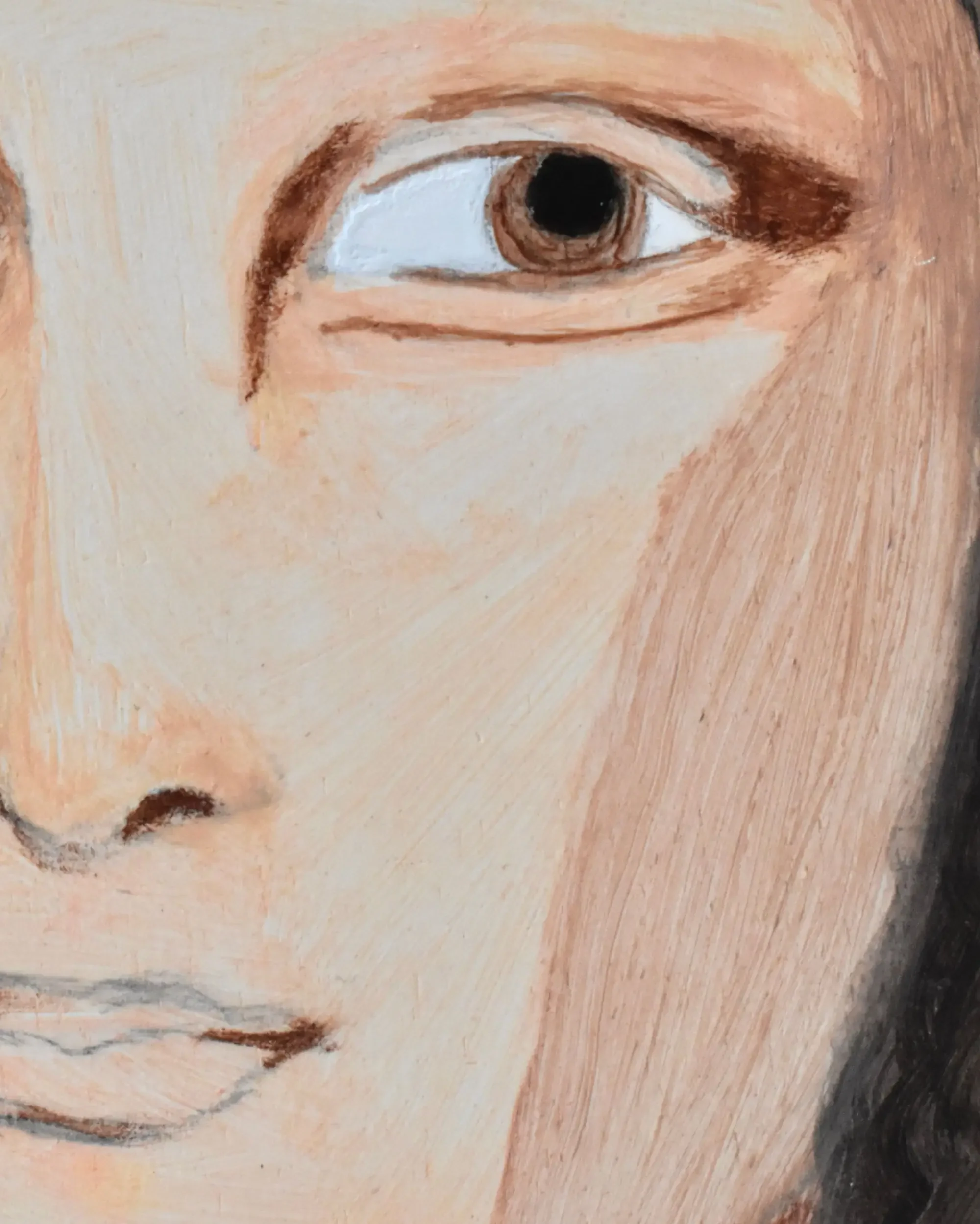 Macro close-up detail of Monna Lisa. Discomfort Zone: stably unstable., a contemporary artwork by Francesca V Kranz, highlighting the expressive brown eye, the stylized lips, and the visible brushstroke patterns on the face.