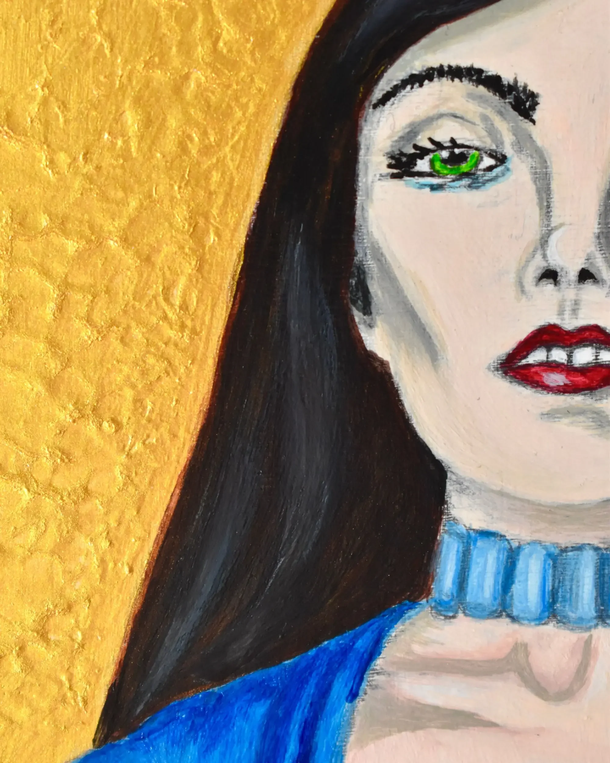 Close-up detail of Giuditta e Oloferne. Who is the victim?, a contemporary artwork by Francesca V Kranz, capturing Judith's proud yet tearful expression against a textured gold background.