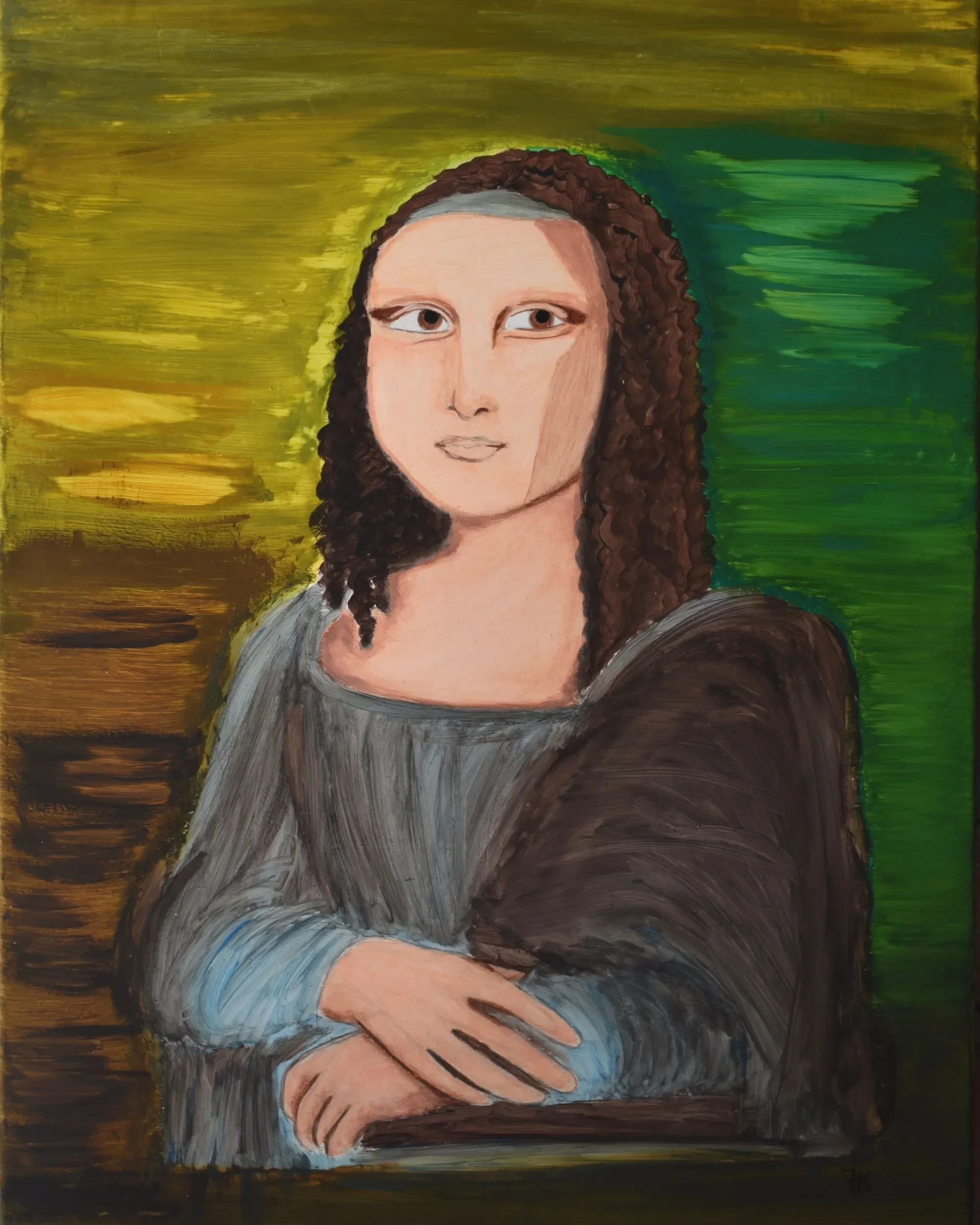 Full view of Monna Lisa. Discomfort Zone: stably unstable., a contemporary artwork by Francesca V Kranz, reimagining the iconic portrait with crossed hands, and an abstract background divided into yellow, brown and green tones.